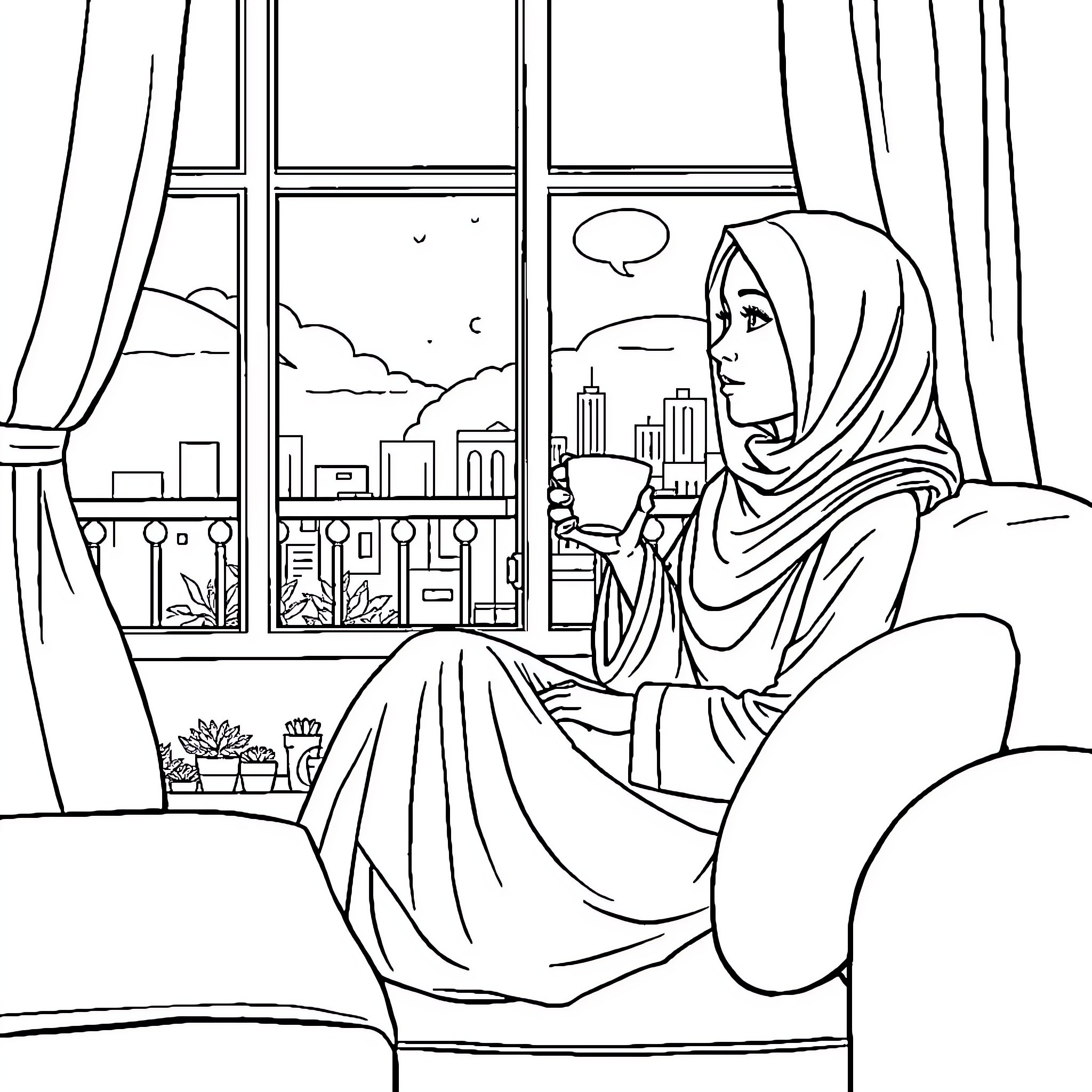 Girl gazing out window at city skyline Coloring Page (free black-and-white line drawing printable PDF for all, from beginners to advanced learners, including children, teens, adults, and seniors)