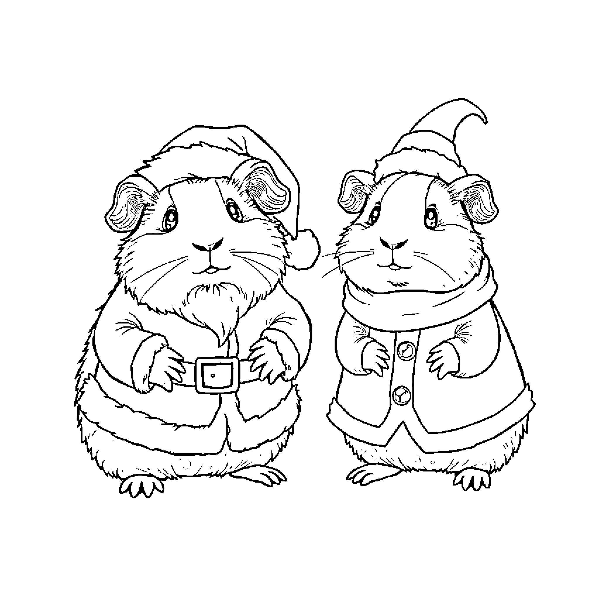 Guinea Pigs in Festive Winter Outfits Coloring Page (free black-and-white line drawing printable PDF for all, from beginners to advanced learners, including children, teens, adults, and seniors)