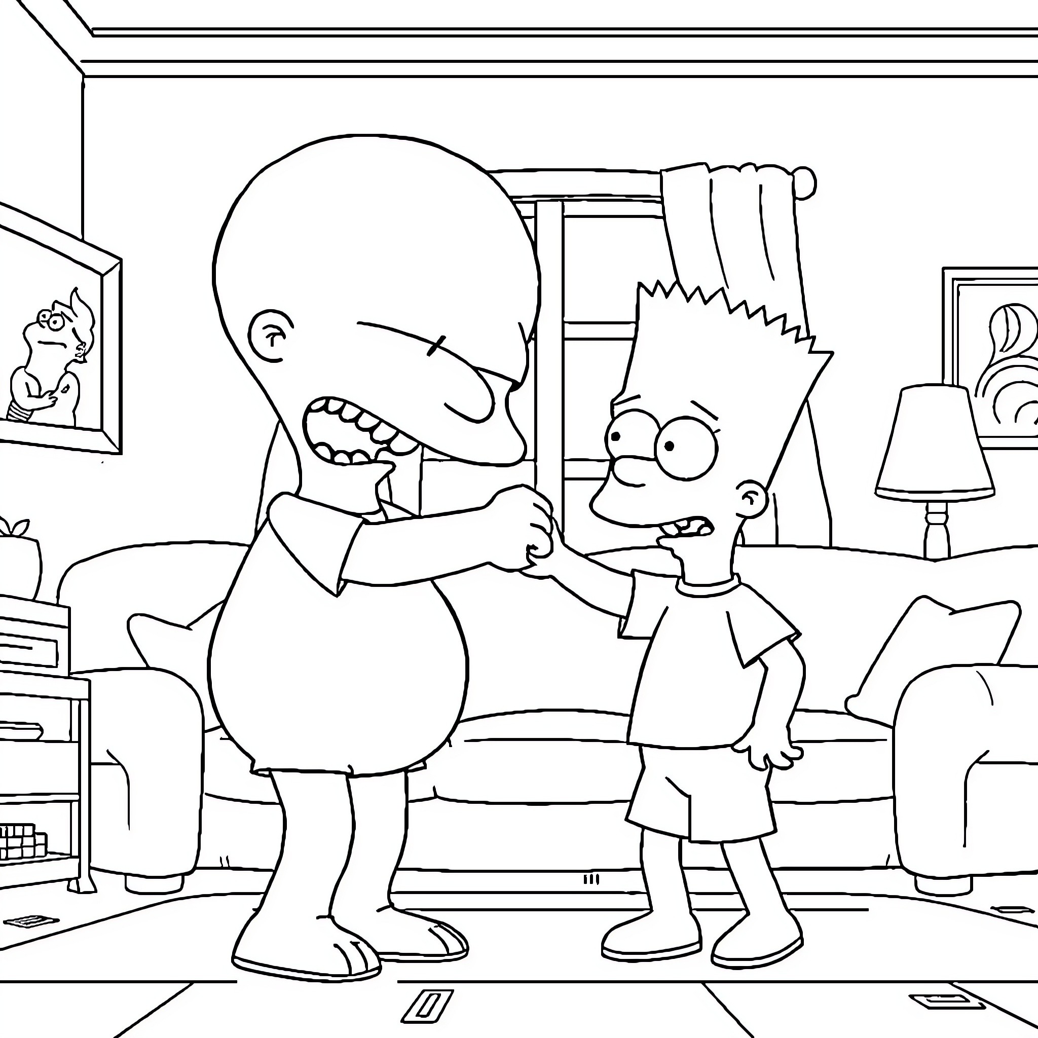Stewie Griffin and Bart Simpson play together in the living room Coloring Page (free black-and-white line drawing printable PDF for all, from beginners to advanced learners, including children, teens, adults, and seniors)