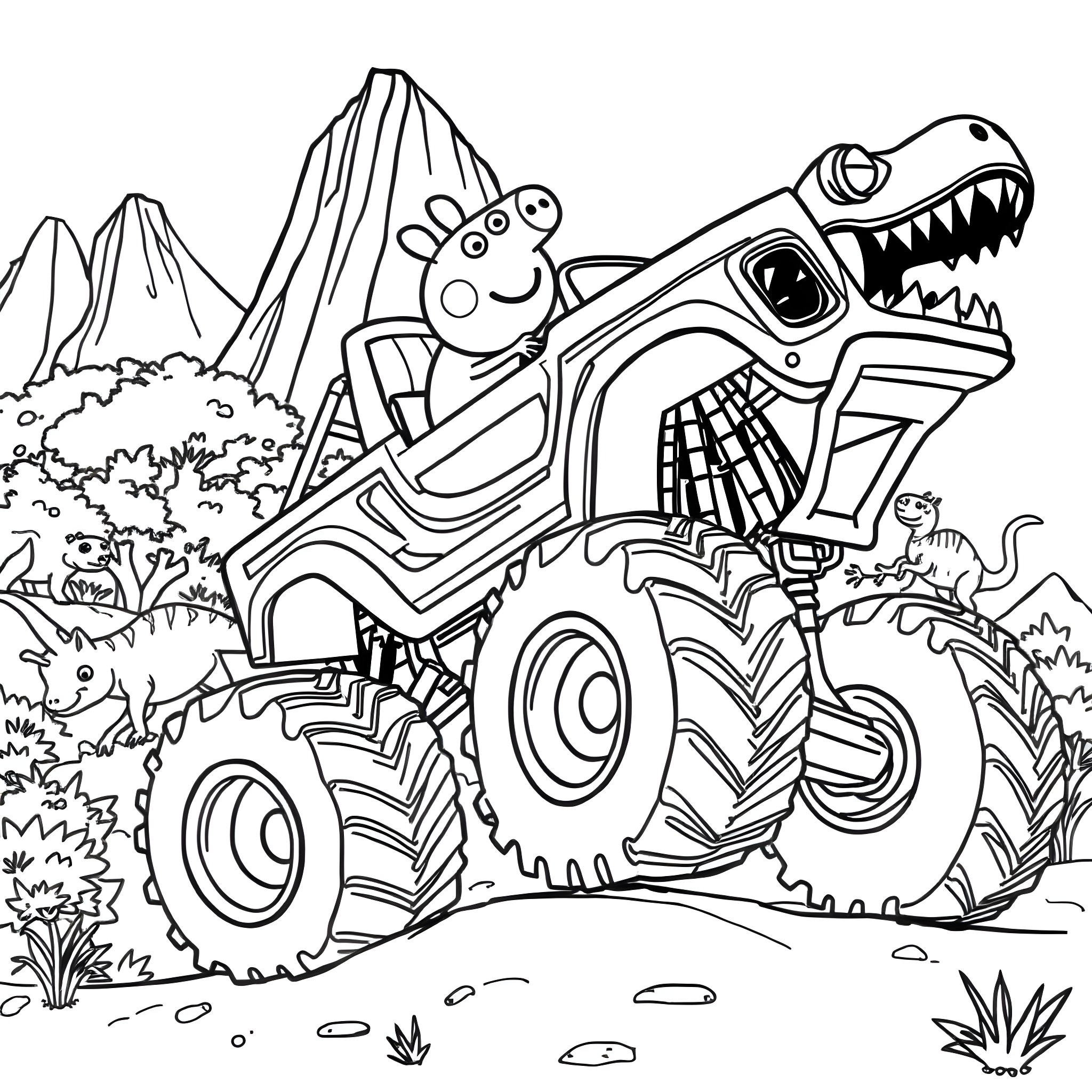 Peppa Pig driving a monster truck through the wilderness Coloring Page (free black-and-white line drawing printable PDF for all, from beginners to advanced learners, including children, teens, adults, and seniors)
