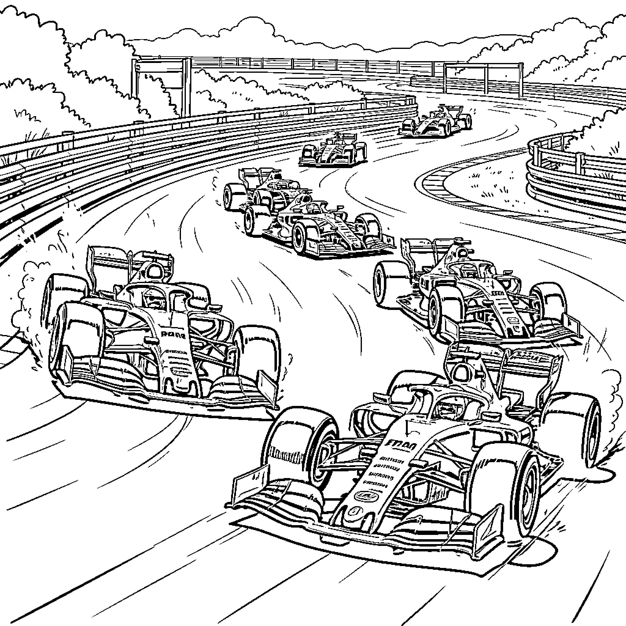 Formula 1 Racers Speeding Through Winding Track Coloring Page (free black-and-white line drawing printable PDF for all, from beginners to advanced learners, including children, teens, adults, and seniors)