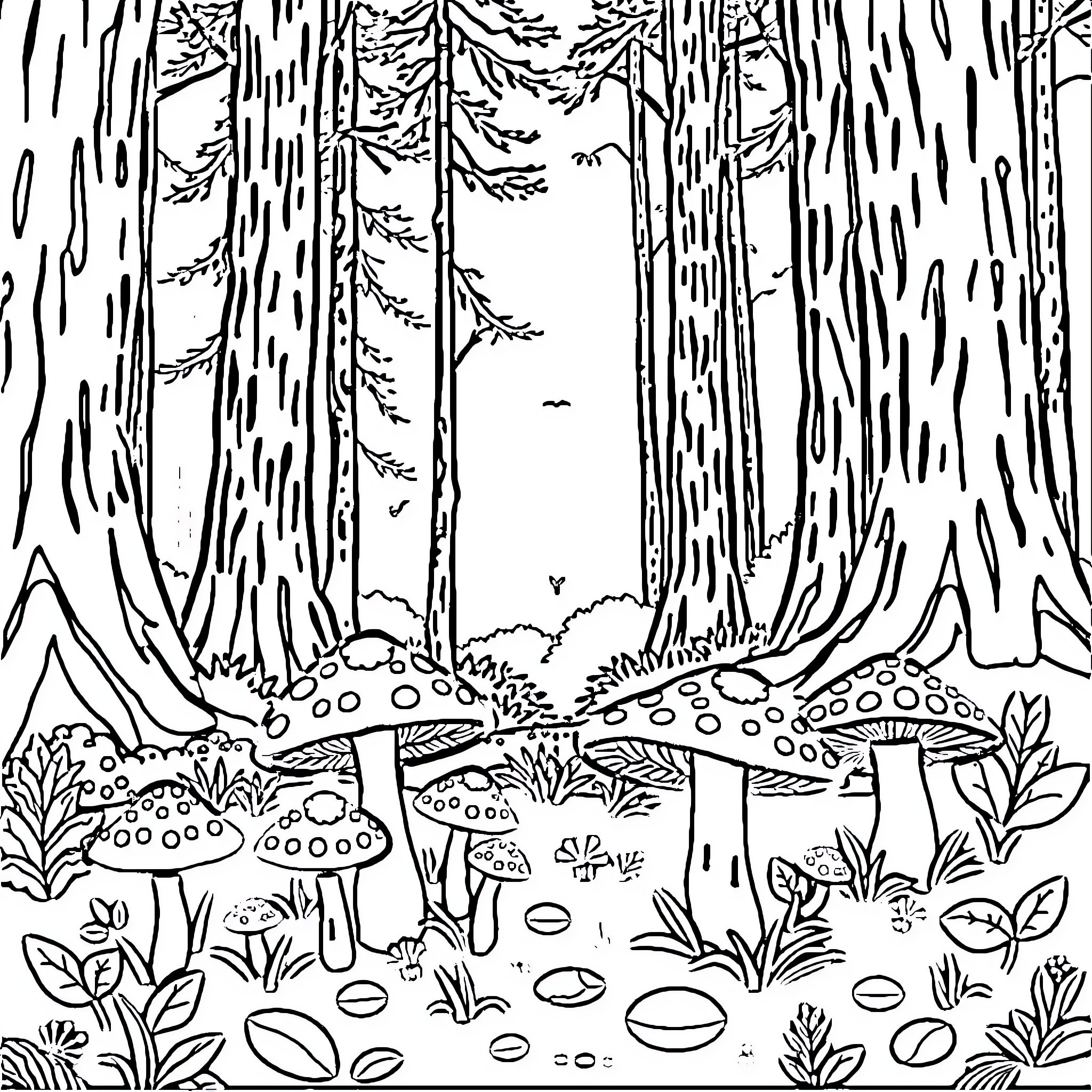 Mushroom-filled forest scene with whimsical elements Coloring Page (free black-and-white line drawing printable PDF for all, from beginners to advanced learners, including children, teens, adults, and seniors)