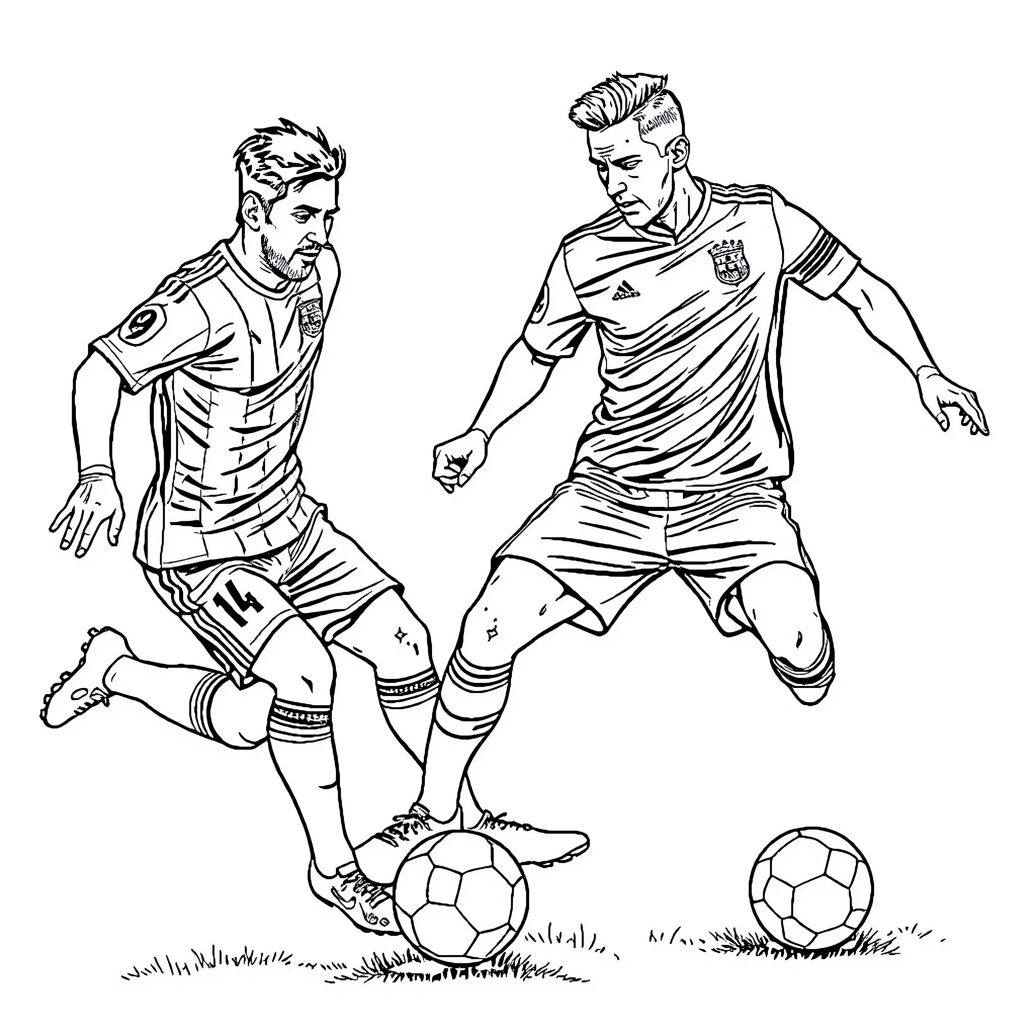 Messi and Cristiano playing soccer on the field Coloring Page (free black-and-white line drawing printable PDF for all, from beginners to advanced learners, including children, teens, adults, and seniors)