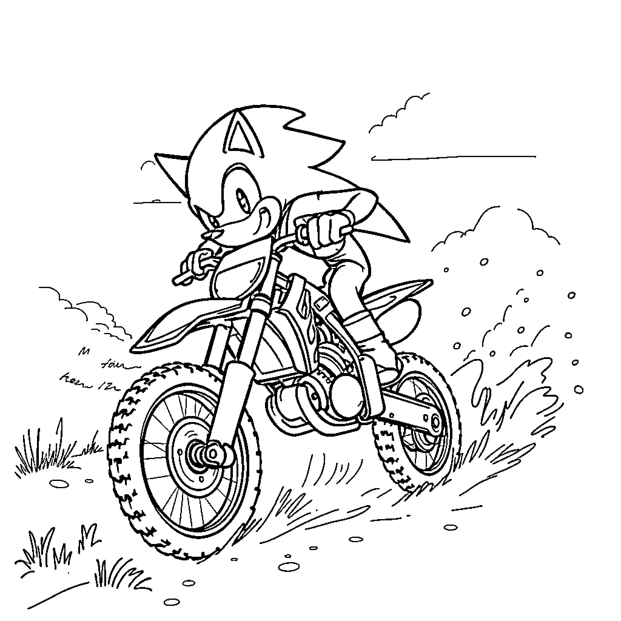 Sonic riding a dirt bike through the wilderness Coloring Page (free black-and-white line drawing printable PDF for all, from beginners to advanced learners, including children, teens, adults, and seniors)