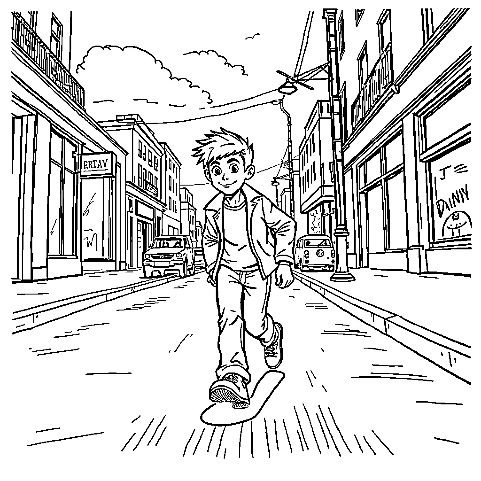 Danny exploring the lively city street Coloring Page (free black-and-white line drawing printable PDF for all, from beginners to advanced learners, including children, teens, adults, and seniors)