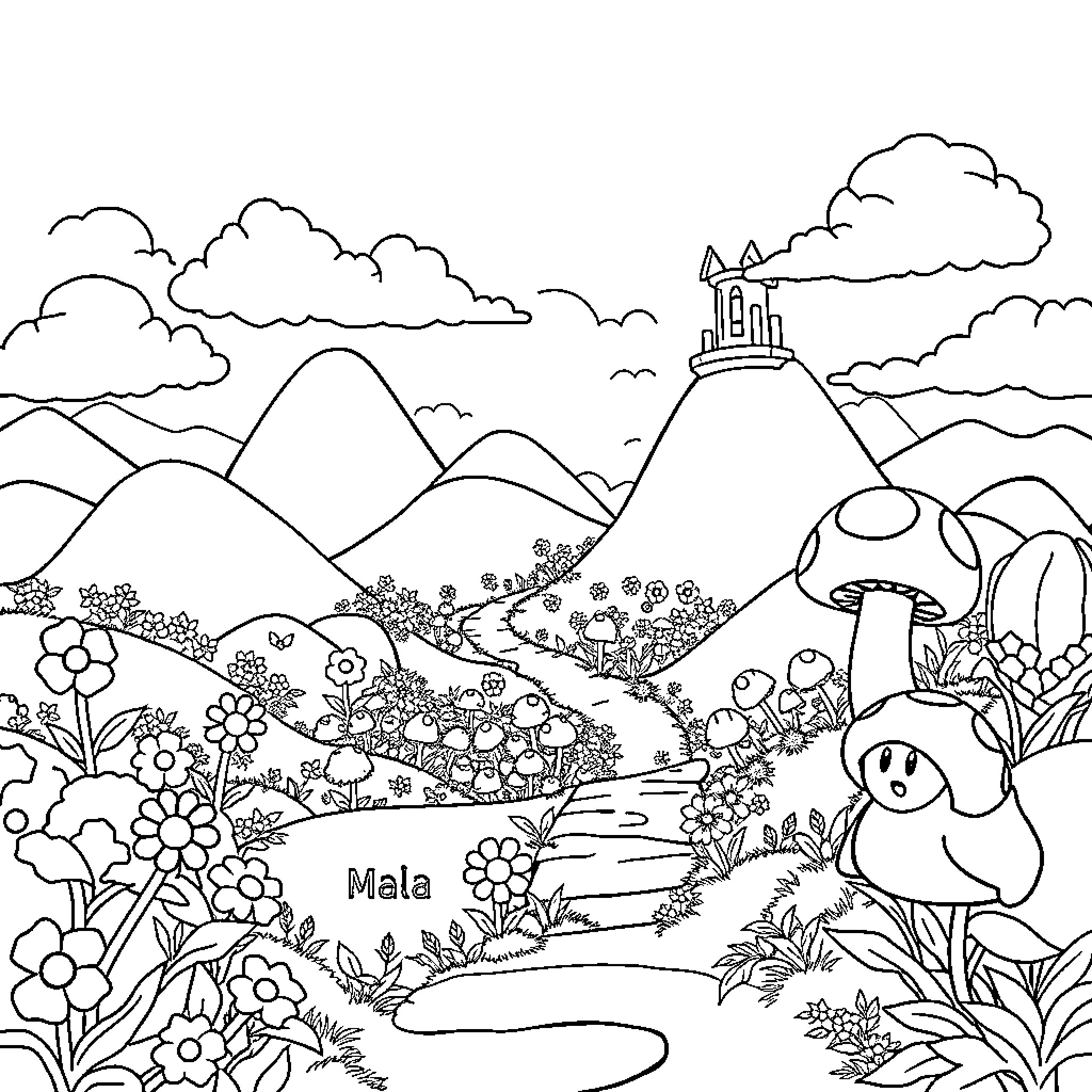 Mushroom landscape with whimsical characters Coloring Page (free black-and-white line drawing printable PDF for all, from beginners to advanced learners, including children, teens, adults, and seniors)