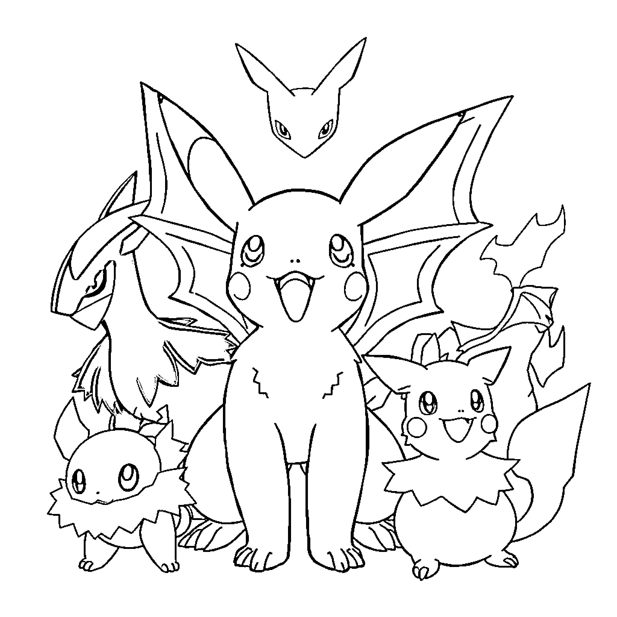 Pokémon characters in playful poses Coloring Page (free black-and-white line drawing printable PDF for all, from beginners to advanced learners, including children, teens, adults, and seniors)