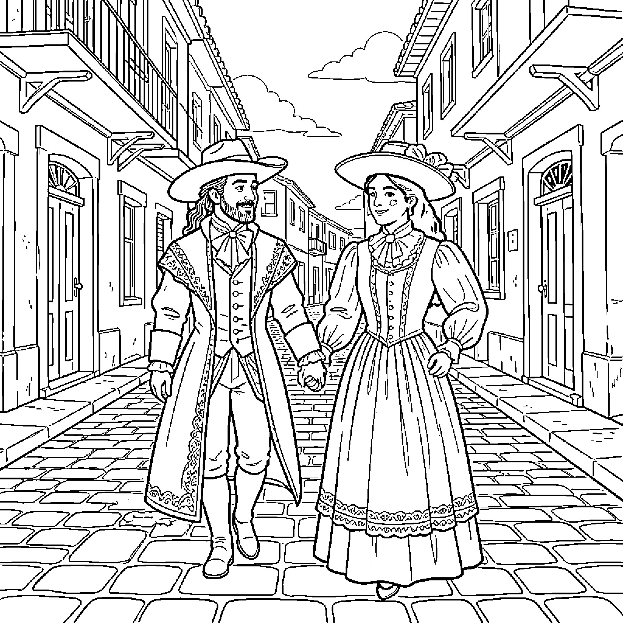 Couple in Old Western-style Outfits in Town Coloring Page (free black-and-white line drawing printable PDF for all, from beginners to advanced learners, including children, teens, adults, and seniors)