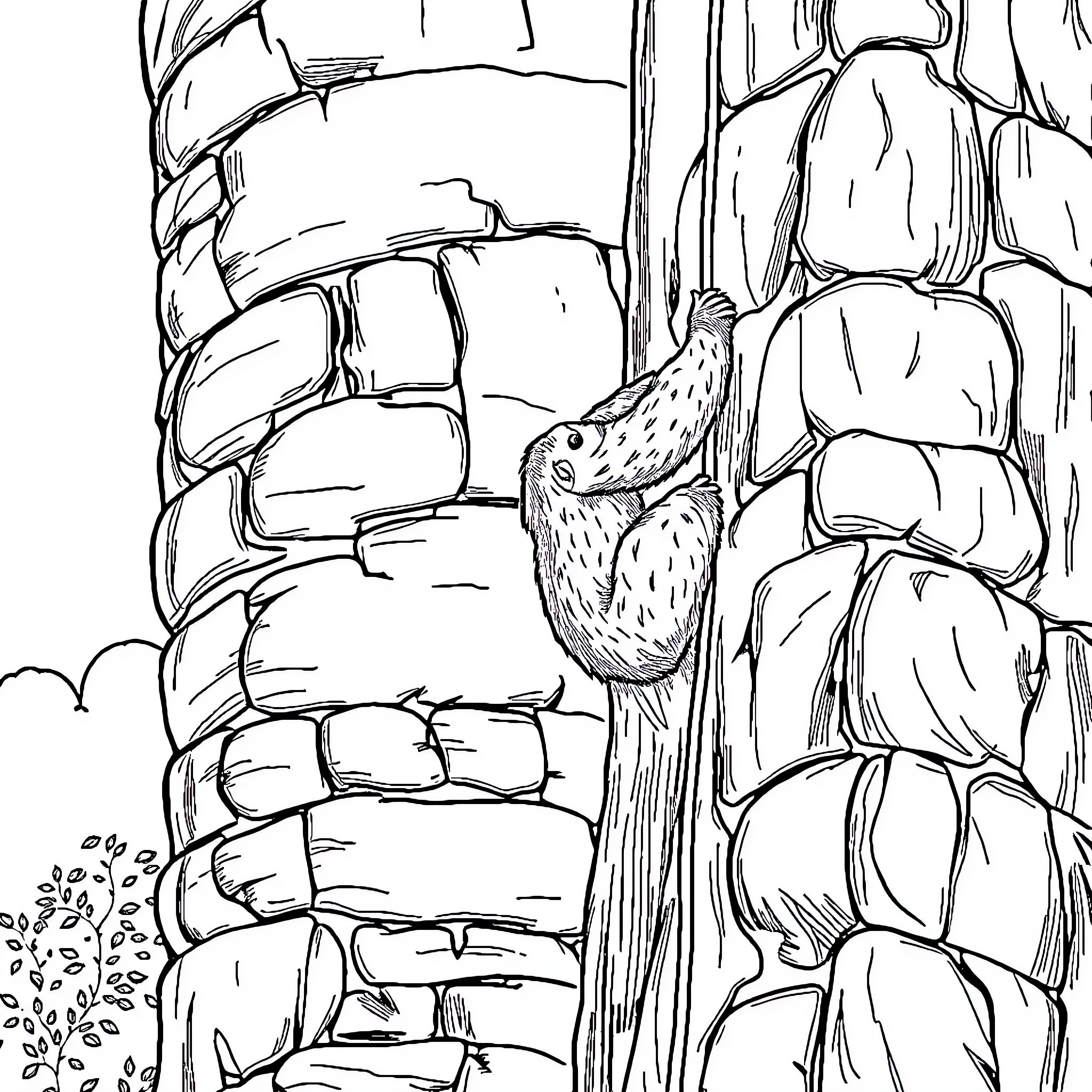 Sloth climbing up a rocky cliffside Coloring Page (free black-and-white line drawing printable PDF for all, from beginners to advanced learners, including children, teens, adults, and seniors)