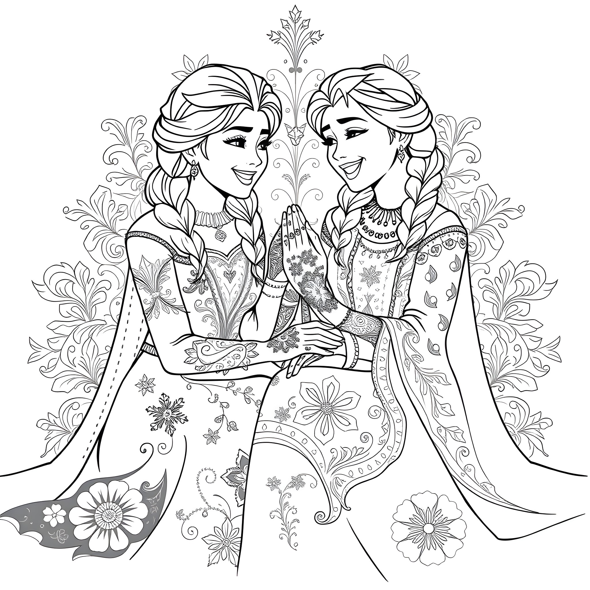 Elsa and Anna in Elegant Floral Attire Coloring Page (free black-and-white line drawing printable PDF for all, from beginners to advanced learners, including children, teens, adults, and seniors)