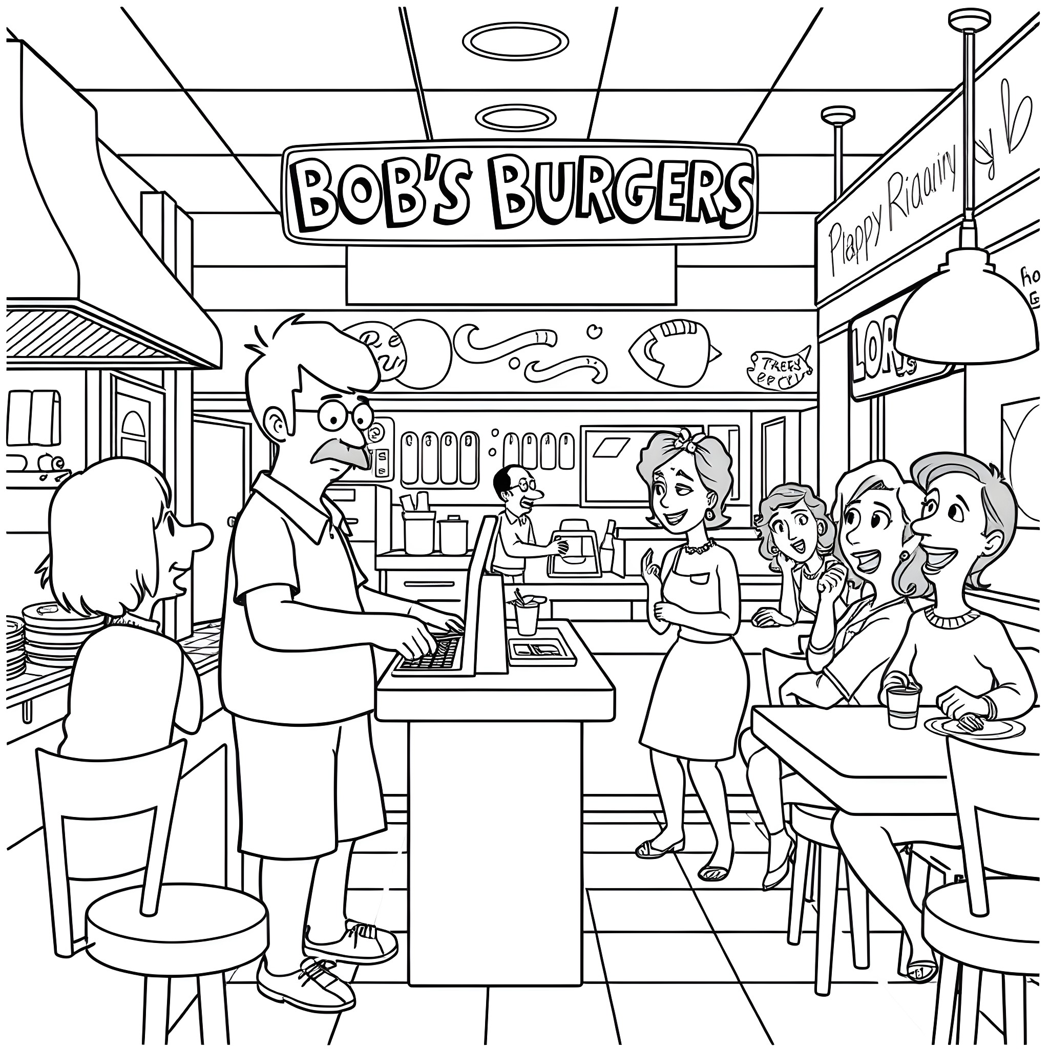 Bob's Burgers characters in the restaurant Coloring Page (free black-and-white line drawing printable PDF for all, from beginners to advanced learners, including children, teens, adults, and seniors)