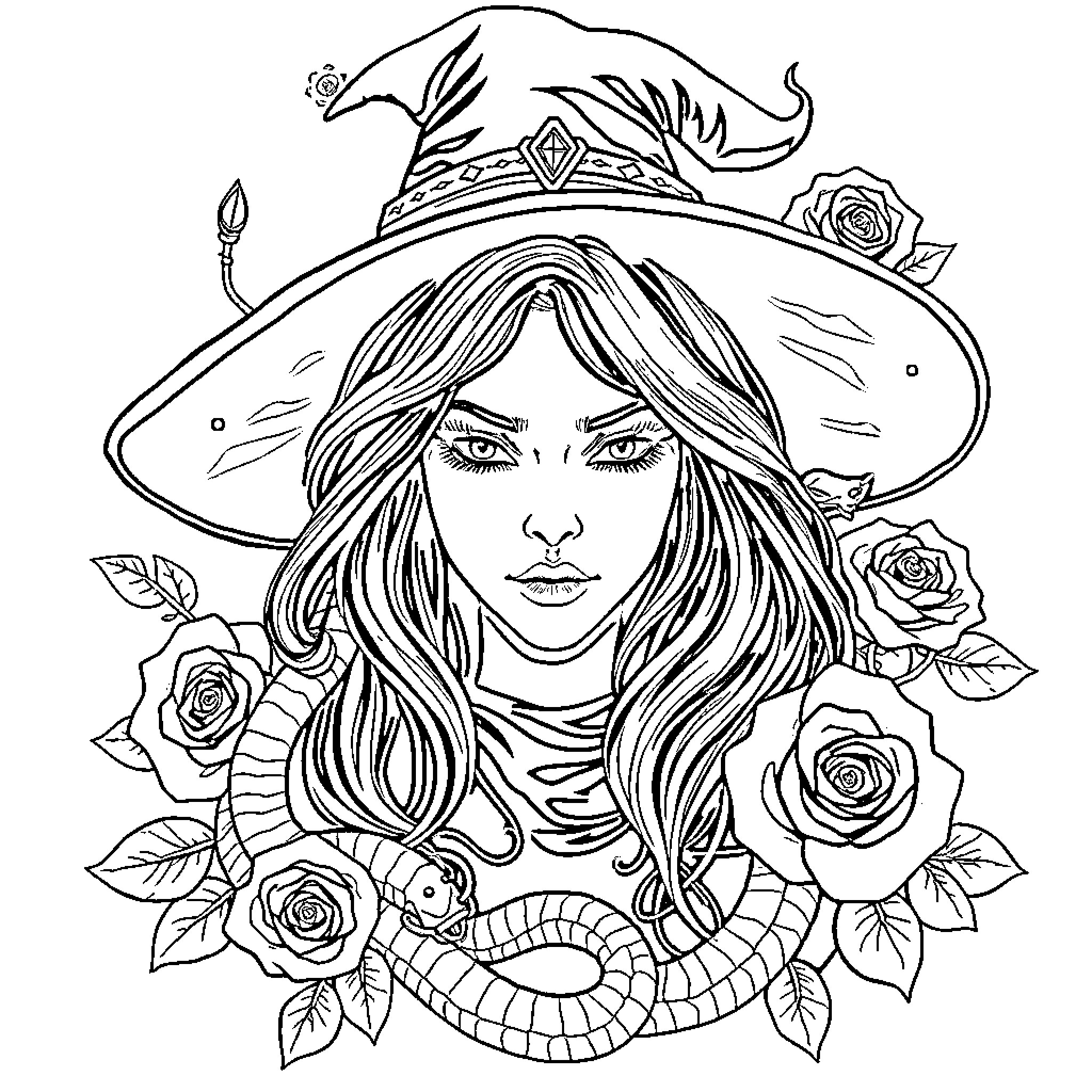 Woman in witch hat surrounded by roses Coloring Page (free black-and-white line drawing printable PDF for all, from beginners to advanced learners, including children, teens, adults, and seniors)