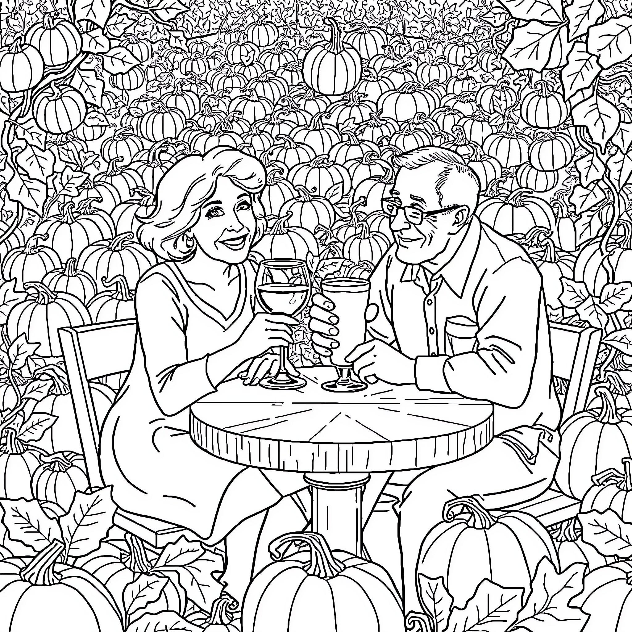Couple enjoying drinks in autumnal garden Coloring Page (free black-and-white line drawing printable PDF for all, from beginners to advanced learners, including children, teens, adults, and seniors)