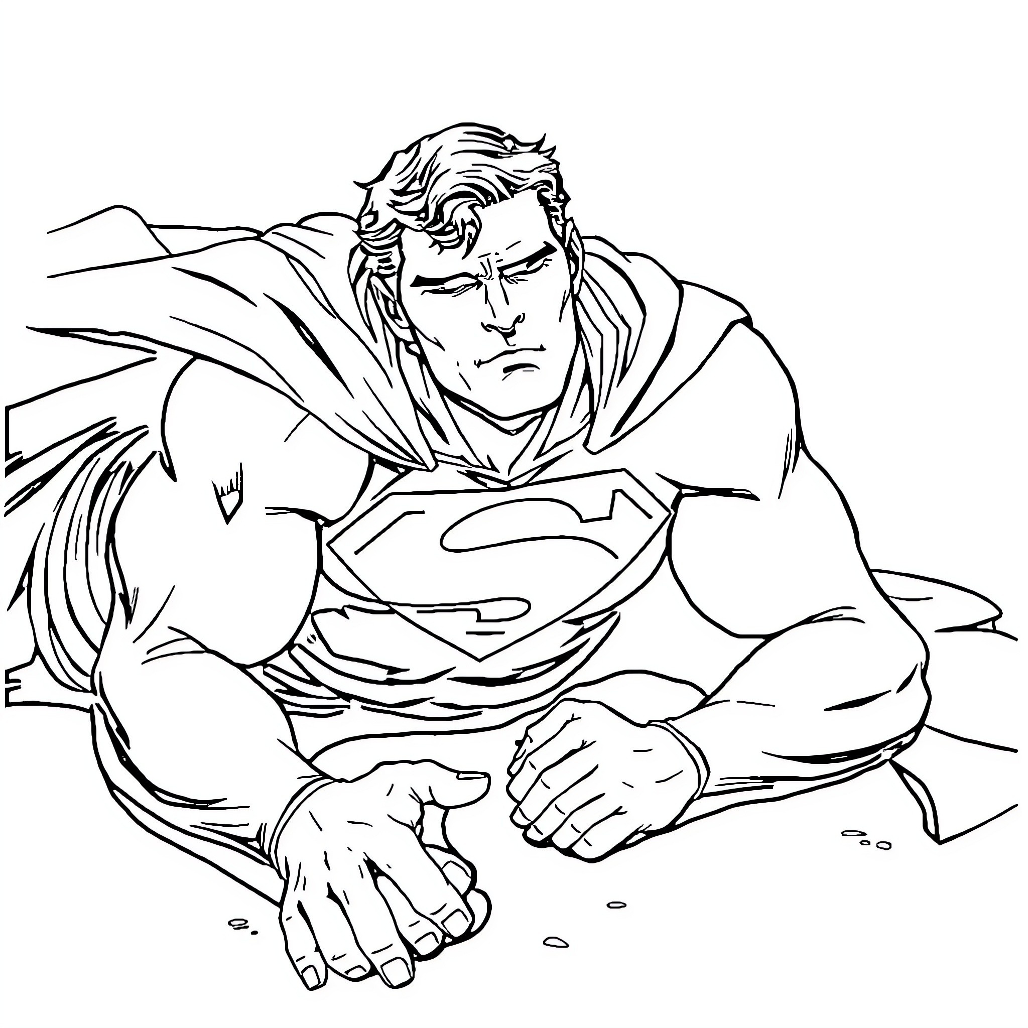 Superman crouching in determination on the ground Coloring Page (free black-and-white line drawing printable PDF for all, from beginners to advanced learners, including children, teens, adults, and seniors)