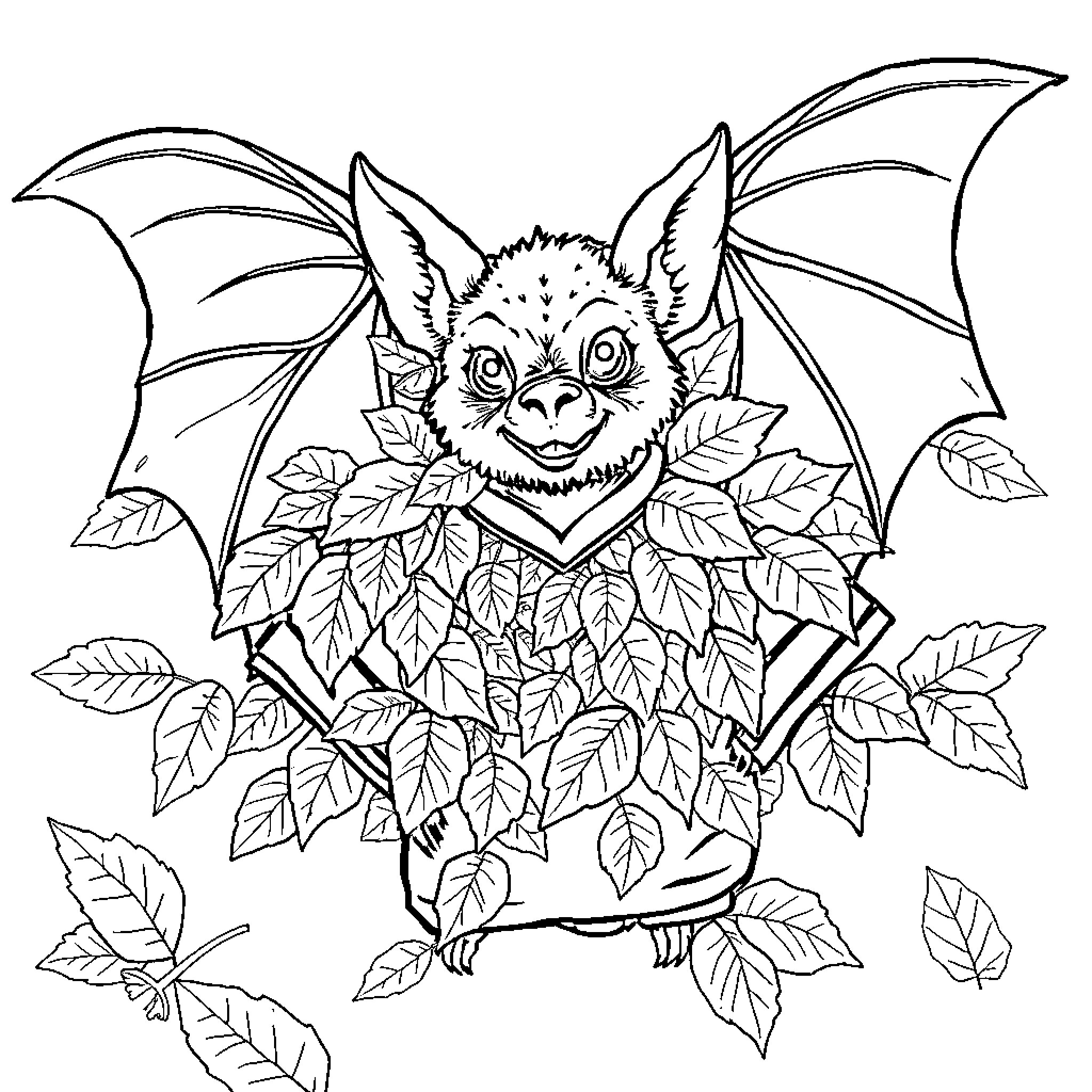 Bat Creature Surrounded by Autumn Leaves Coloring Page (free black-and-white line drawing printable PDF for all, from beginners to advanced learners, including children, teens, adults, and seniors)
