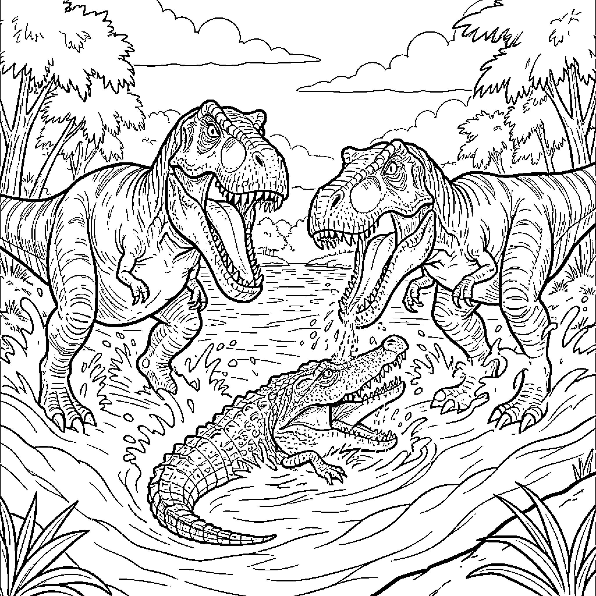 T-Rex Jurassic Encounter in the Wild Coloring Page (free black-and-white line drawing printable PDF for all, from beginners to advanced learners, including children, teens, adults, and seniors)