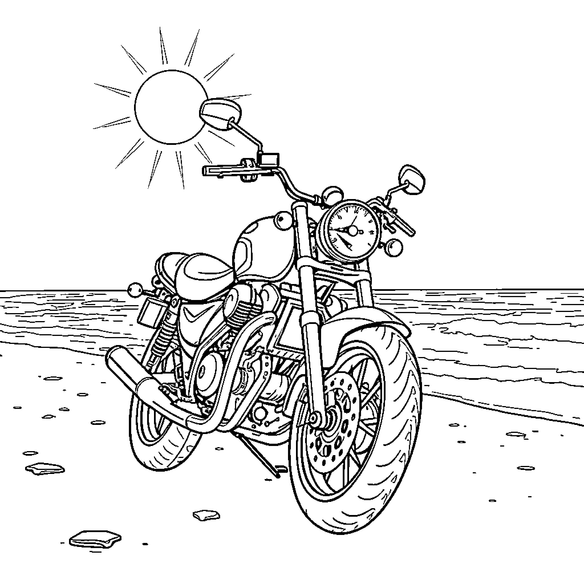 Motorcycle riding on the beach under the sun Coloring Page (free black-and-white line drawing printable PDF for all, from beginners to advanced learners, including children, teens, adults, and seniors)
