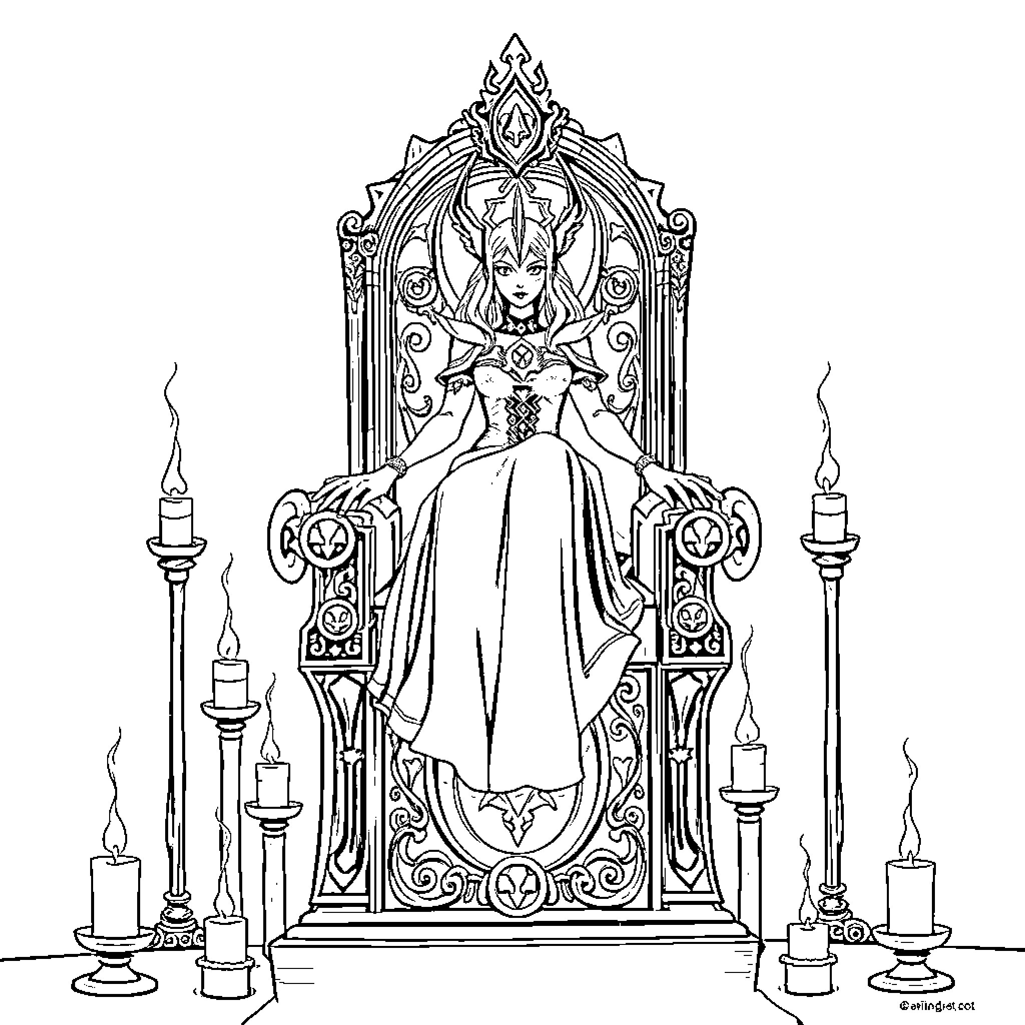 Shadowheart: Regal Monarch on Ornate Throne Coloring Page (free black-and-white line drawing printable PDF for all, from beginners to advanced learners, including children, teens, adults, and seniors)