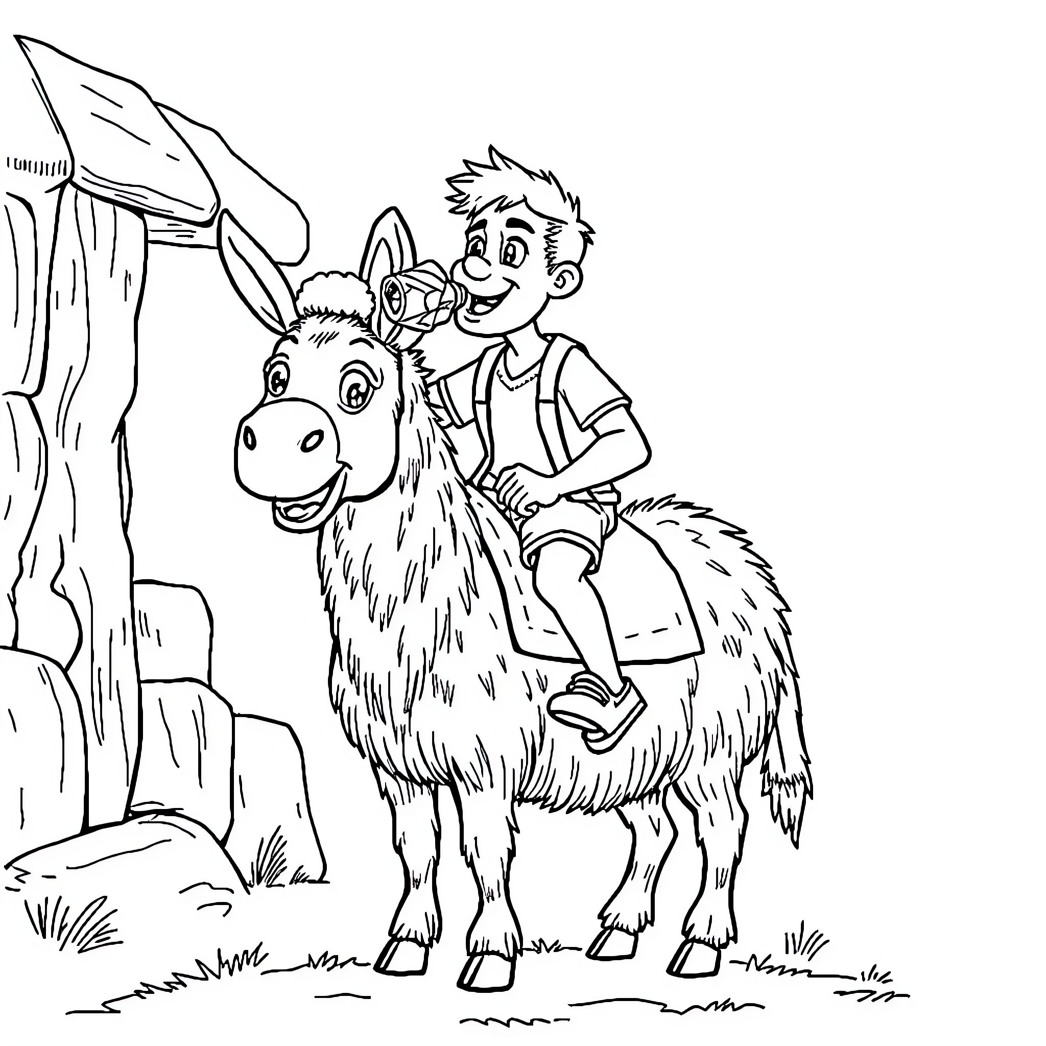 Donkey and boy explore mountainous terrain Coloring Page (free black-and-white line drawing printable PDF for all, from beginners to advanced learners, including children, teens, adults, and seniors)