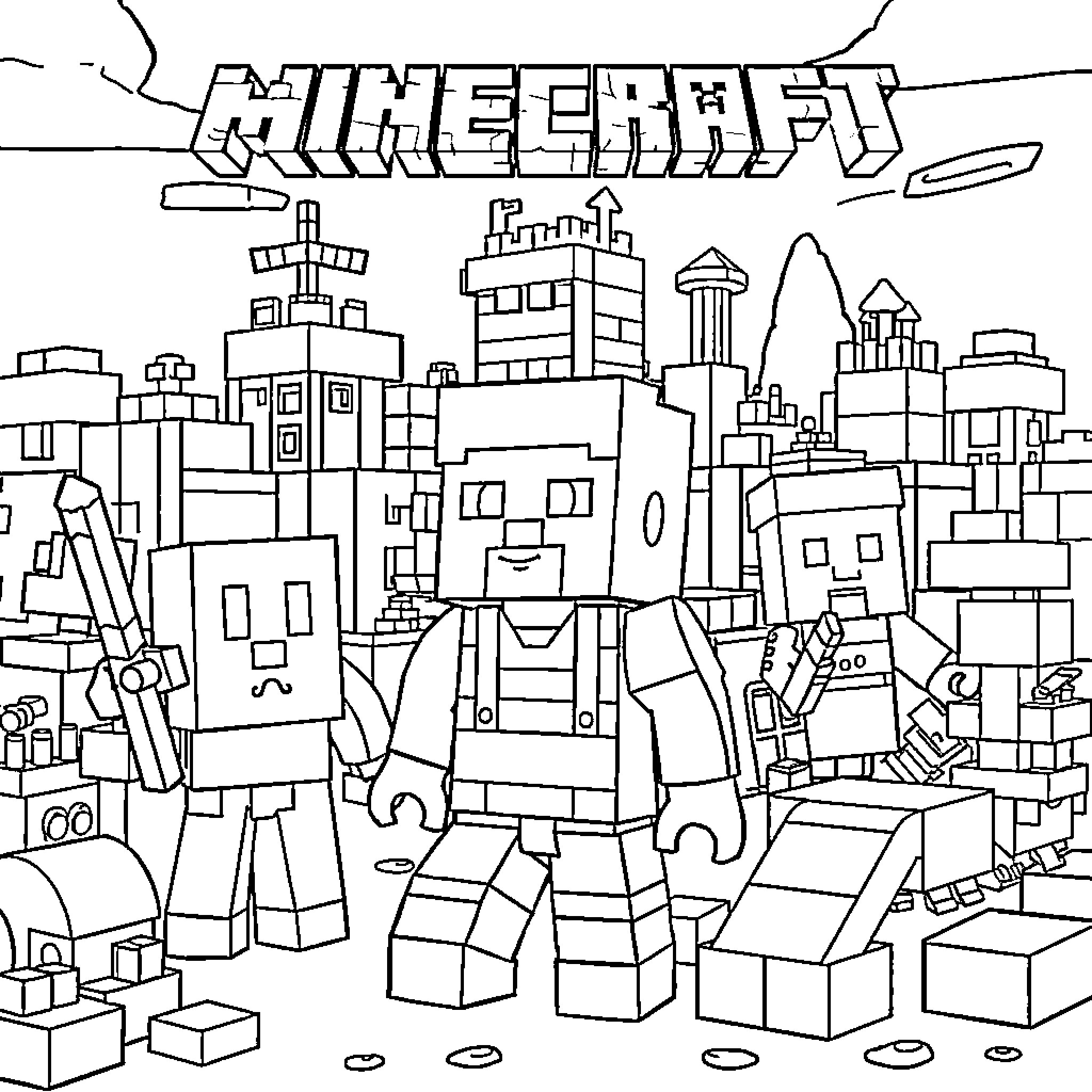 Minecraft Characters in a Blocky City Coloring Page (free black-and-white line drawing printable PDF for all, from beginners to advanced learners, including children, teens, adults, and seniors)