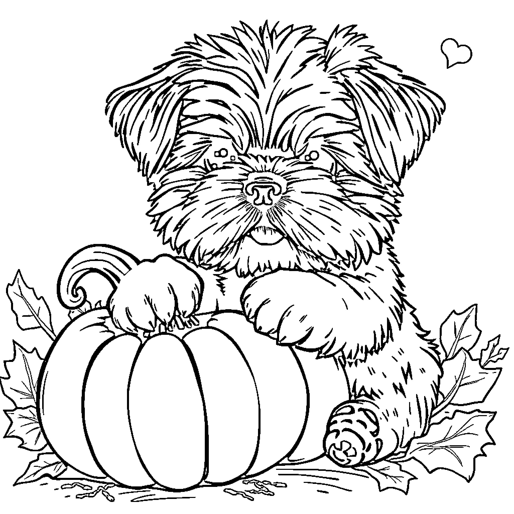 Shih Tzu playing happily with a pumpkin Coloring Page (free black-and-white line drawing printable PDF for all, from beginners to advanced learners, including children, teens, adults, and seniors)