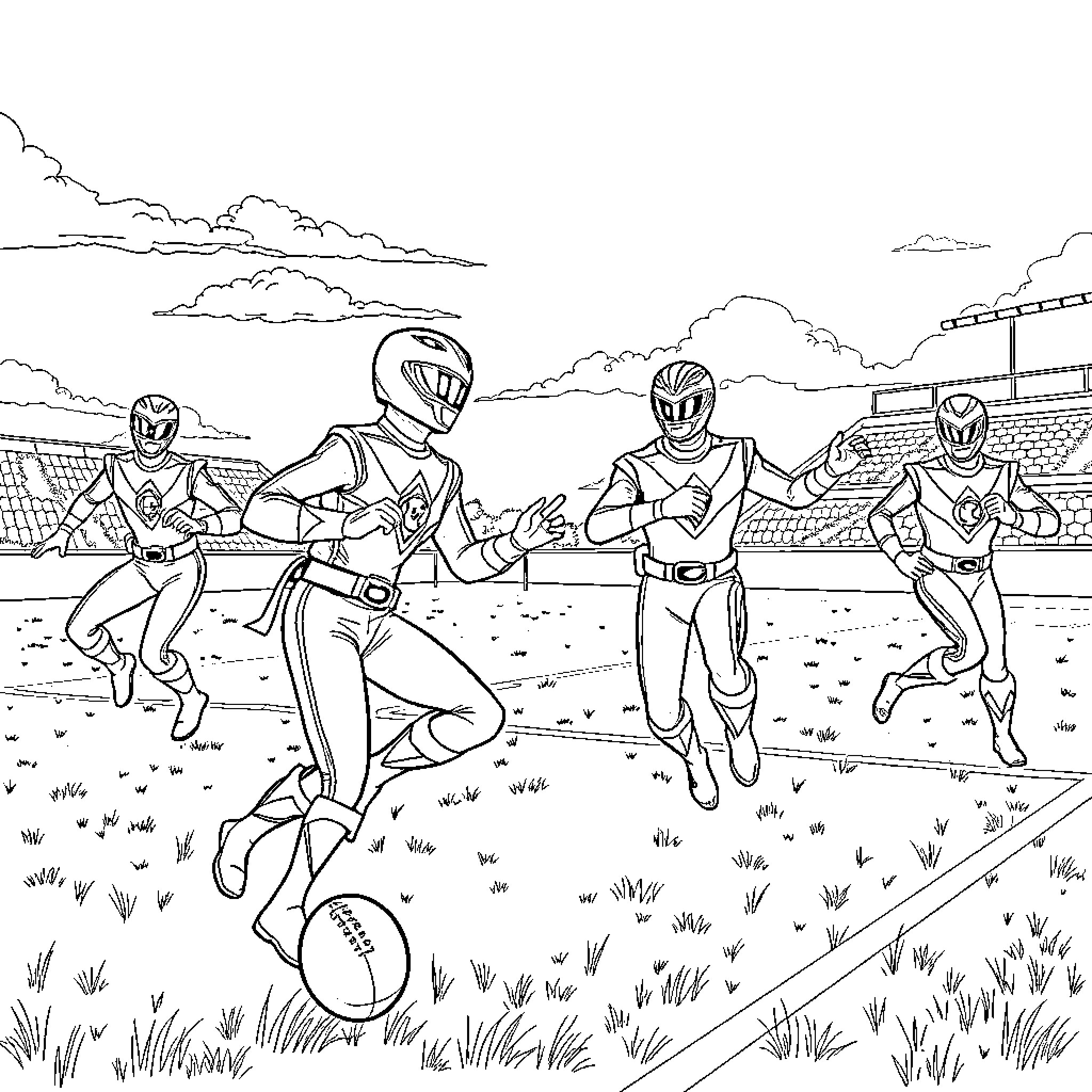 Power Rangers heroically racing on the field Coloring Page (free black-and-white line drawing printable PDF for all, from beginners to advanced learners, including children, teens, adults, and seniors)