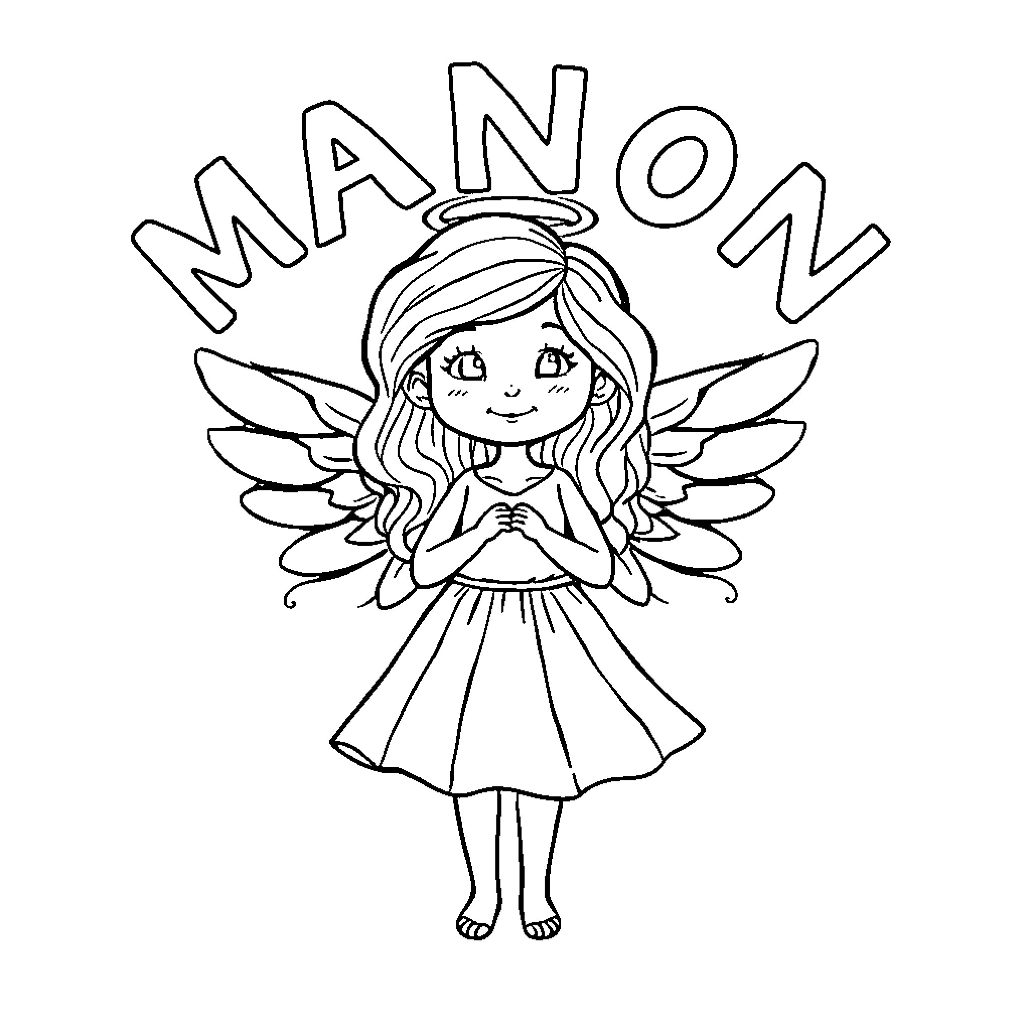 Angel with wings happily greeting Coloring Page (free black-and-white line drawing printable PDF for all, from beginners to advanced learners, including children, teens, adults, and seniors)