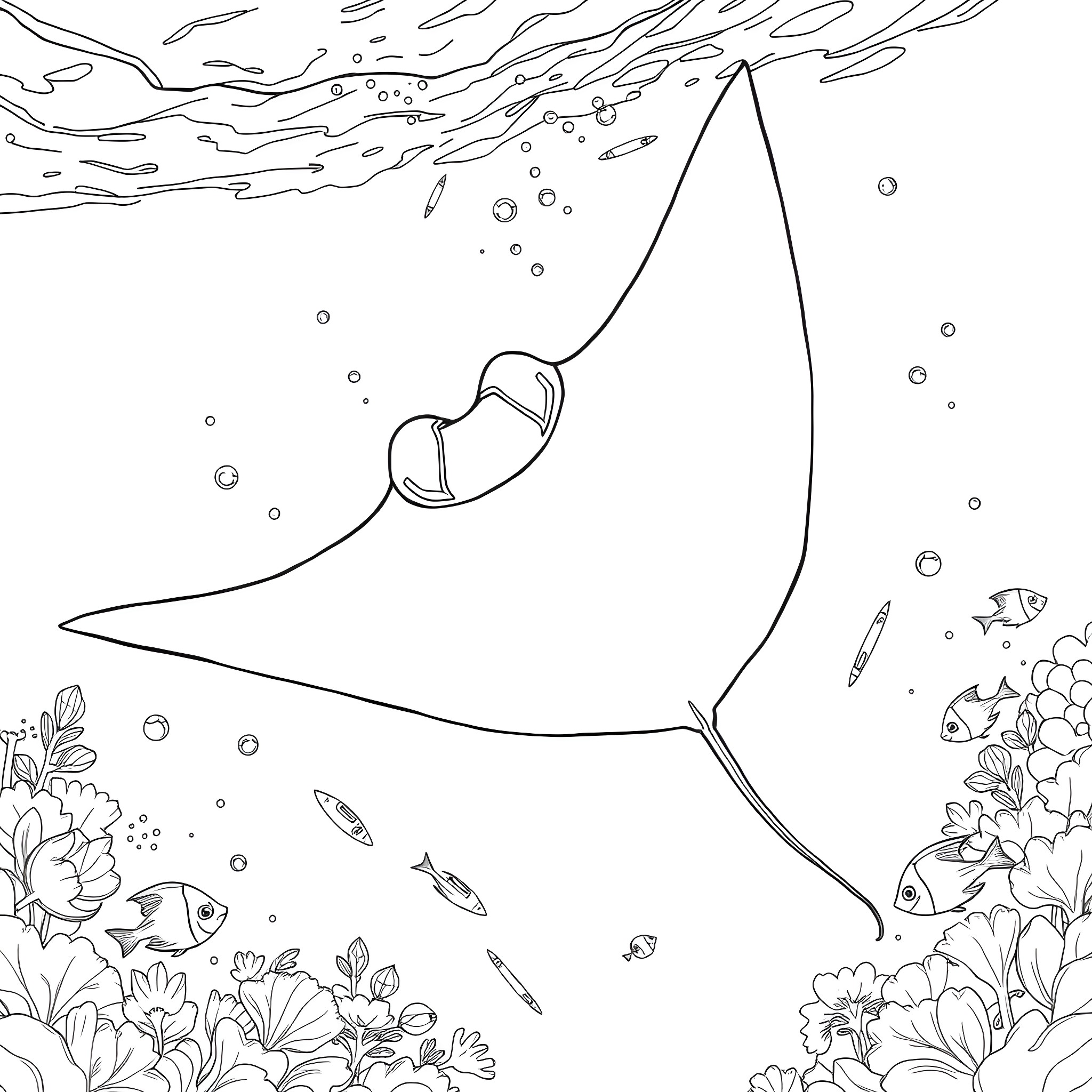 Manta Ray swimming gracefully in the underwater world Coloring Page (free black-and-white line drawing printable PDF for all, from beginners to advanced learners, including children, teens, adults, and seniors)