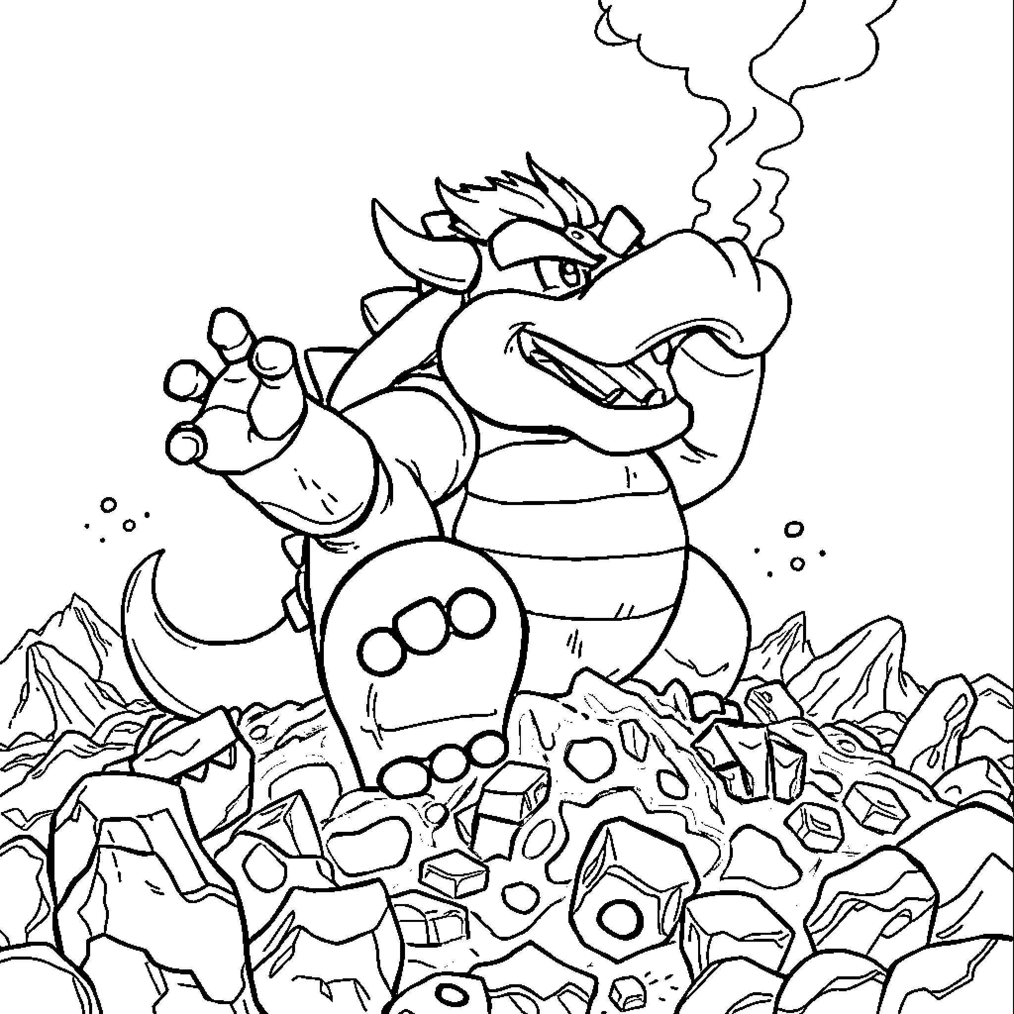 Bowser conquering a rocky landscape Coloring Page (free black-and-white line drawing printable PDF for all, from beginners to advanced learners, including children, teens, adults, and seniors)