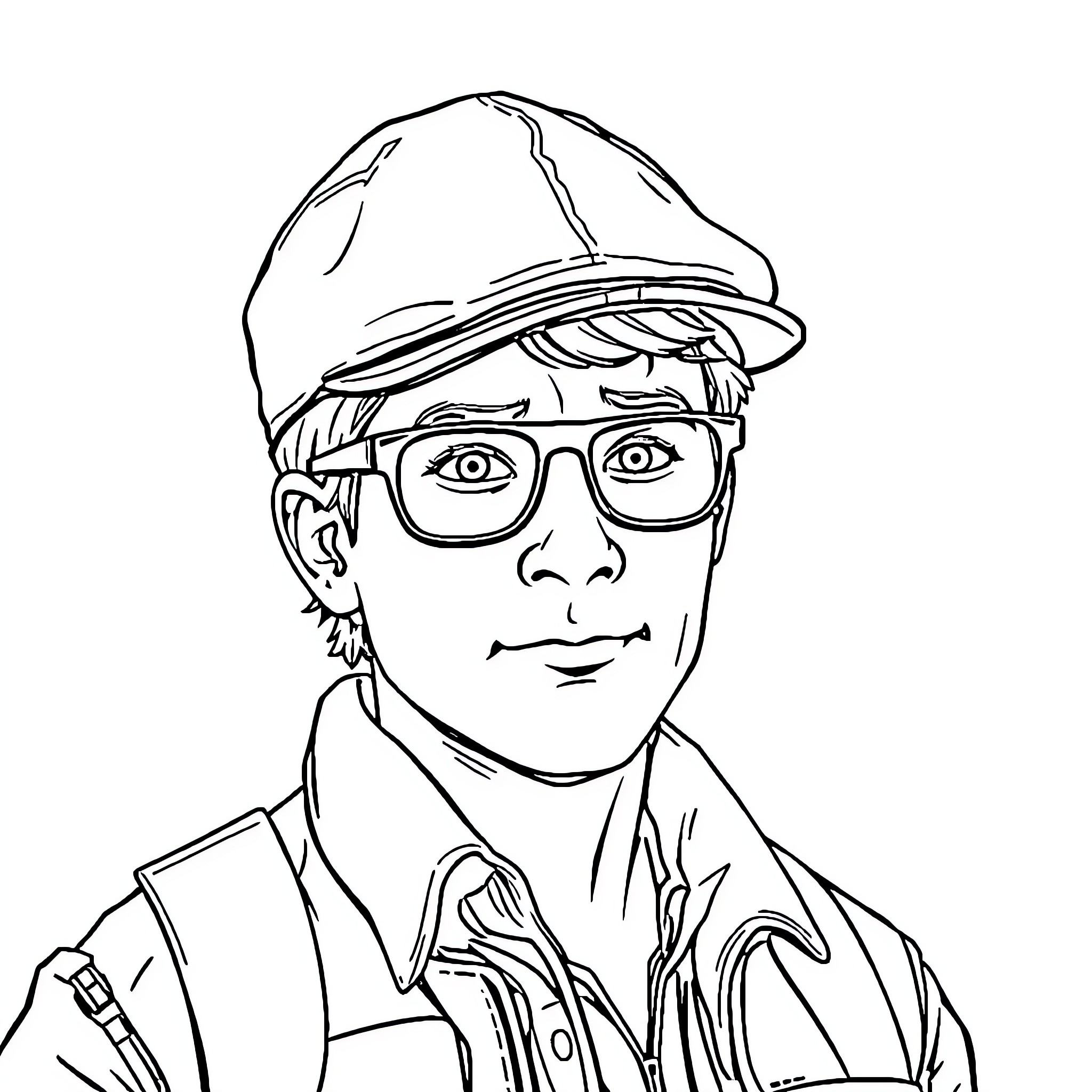 Marty McFly in Casual Attire and Eyeglasses Coloring Page (free black-and-white line drawing printable PDF for all, from beginners to advanced learners, including children, teens, adults, and seniors)
