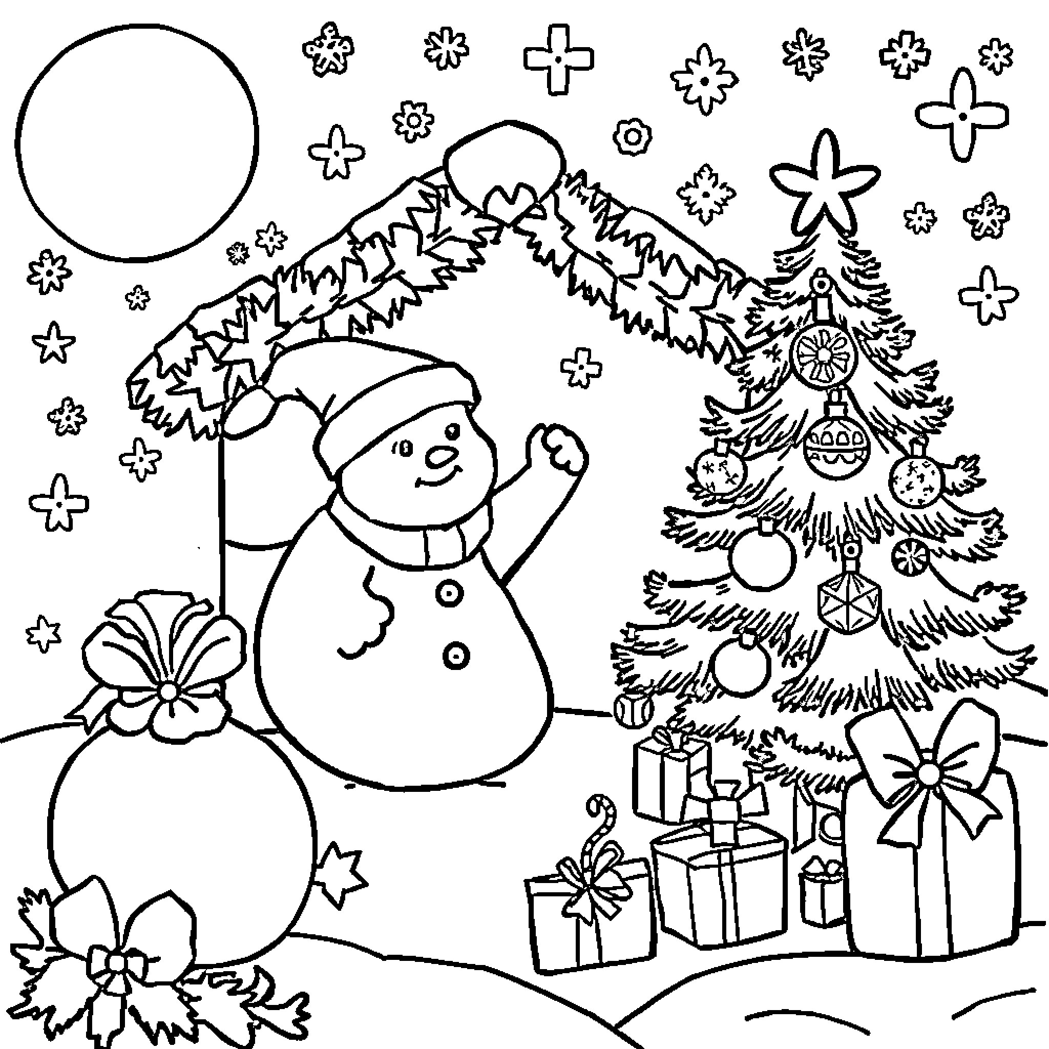 Christmas scene with snowman and decorated tree Coloring Page (free black-and-white line drawing printable PDF for all, from beginners to advanced learners, including children, teens, adults, and seniors)