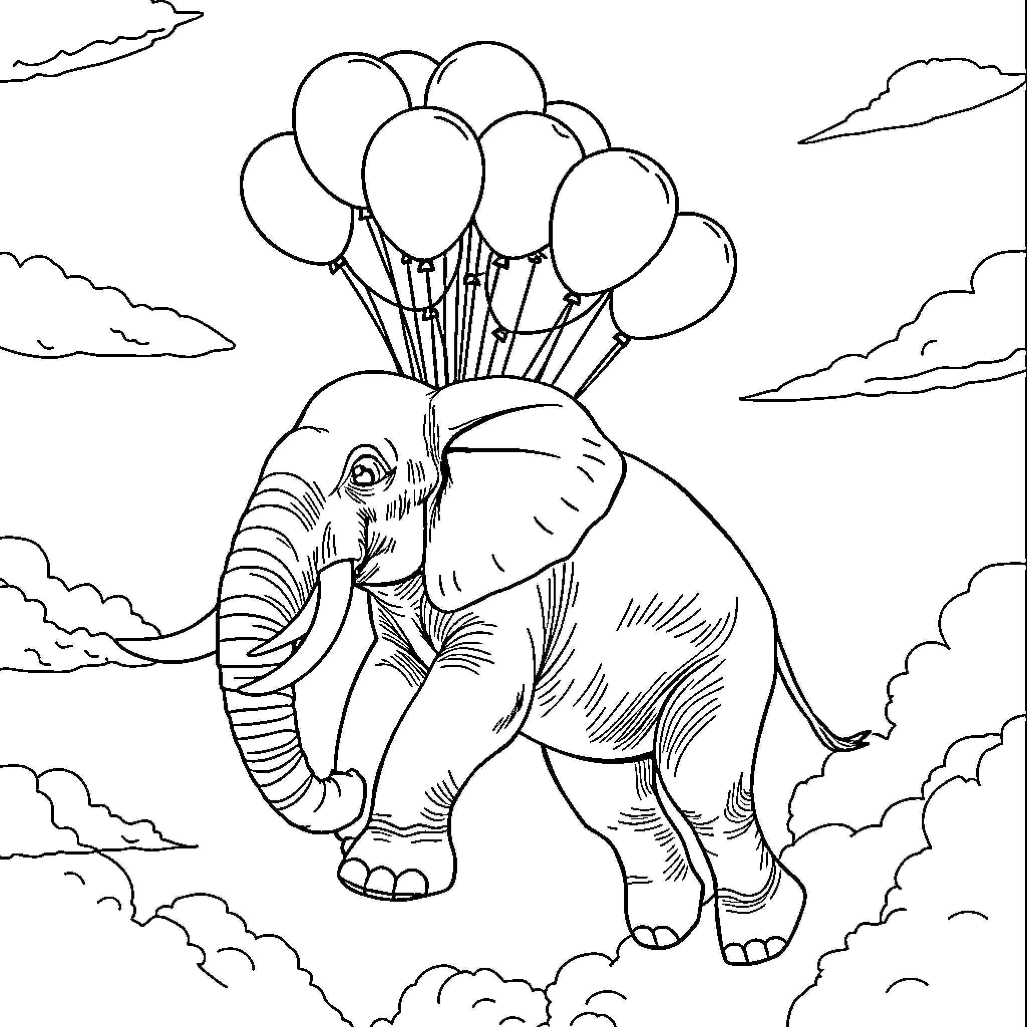 Flying Elephant Soaring with Balloons in the Sky Coloring Page (free black-and-white line drawing printable PDF for all, from beginners to advanced learners, including children, teens, adults, and seniors)