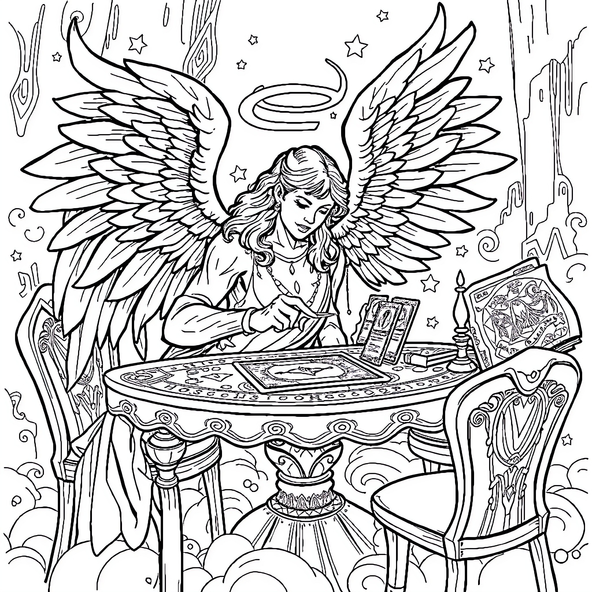 Angel at a Celestial Study Desk Coloring Page (free black-and-white line drawing printable PDF for all, from beginners to advanced learners, including children, teens, adults, and seniors)