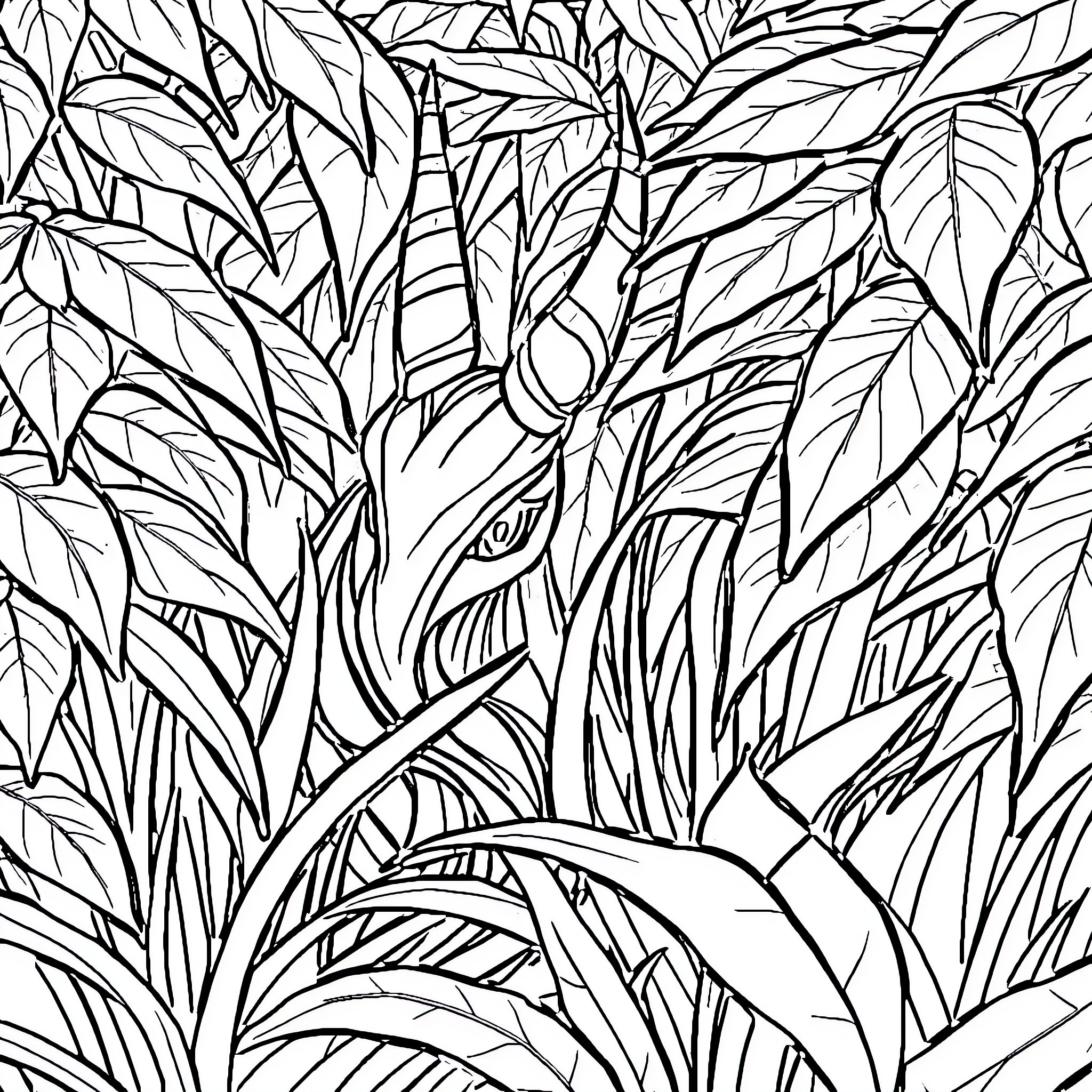 Soraka surrounded by lush foliage Coloring Page (free black-and-white line drawing printable PDF for all, from beginners to advanced learners, including children, teens, adults, and seniors)