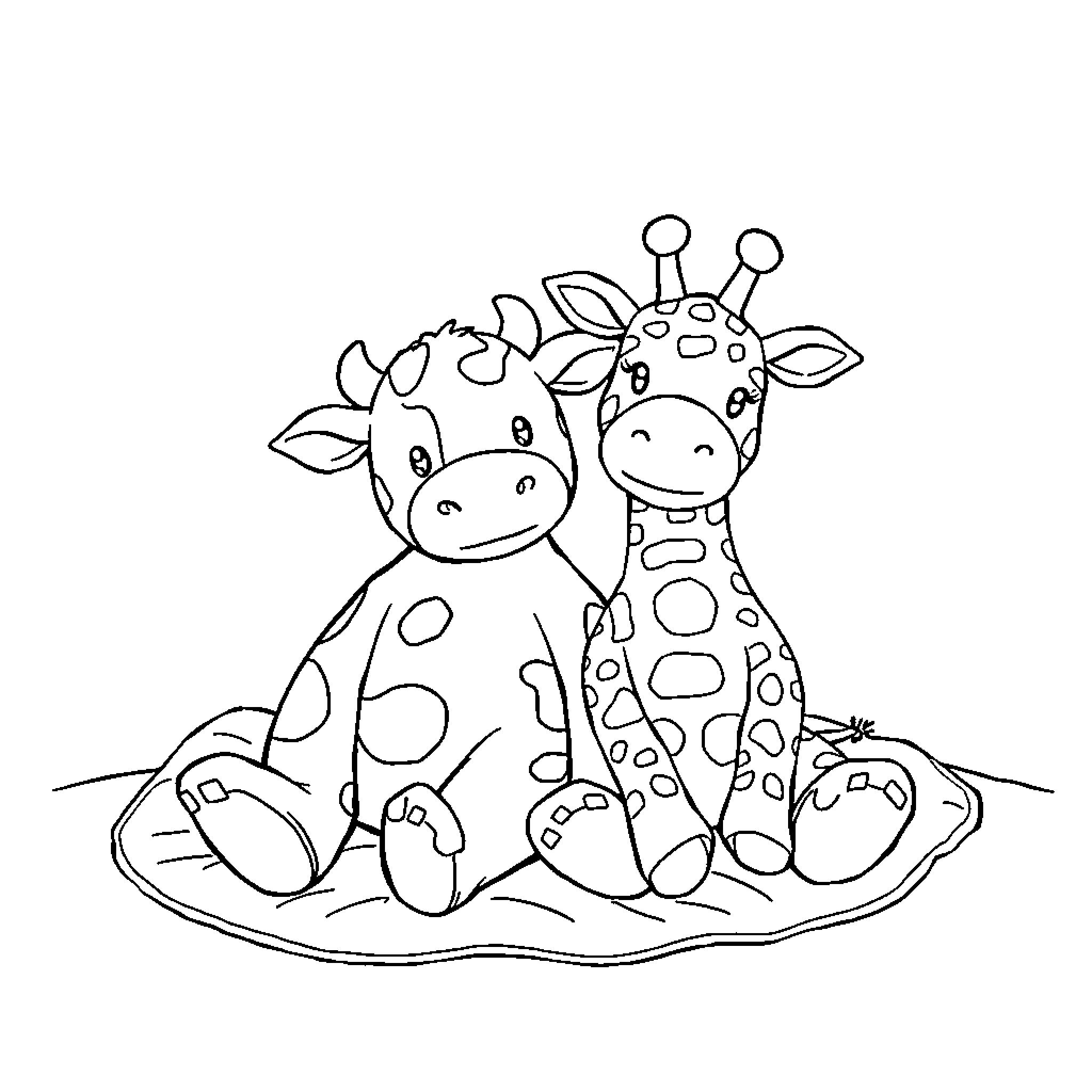Stuffed Animal Giraffes Sitting Together in Playful Pose Coloring Page (free black-and-white line drawing printable PDF for all, from beginners to advanced learners, including children, teens, adults, and seniors)