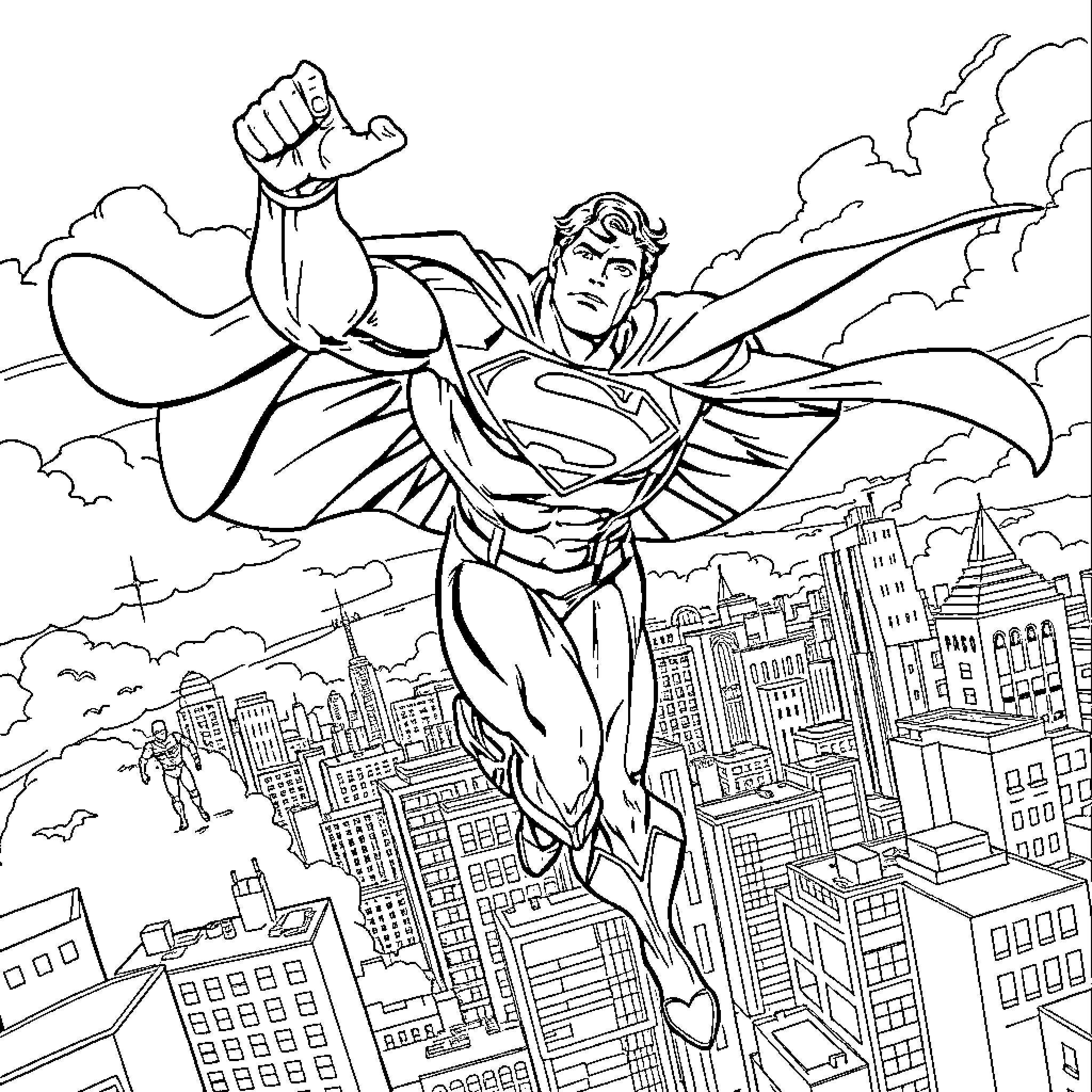 Superman soaring through the city skyline Coloring Page (free black-and-white line drawing printable PDF for all, from beginners to advanced learners, including children, teens, adults, and seniors)