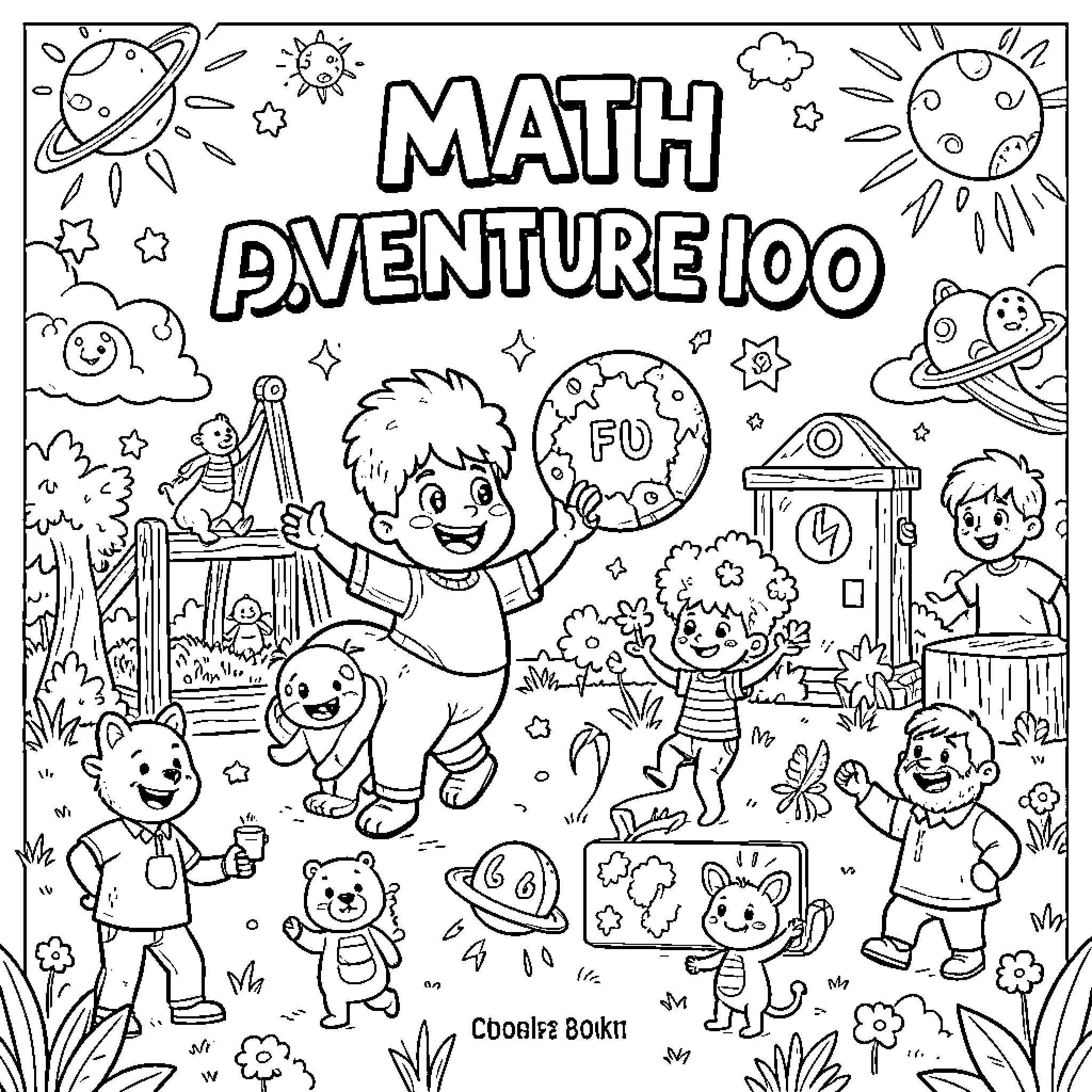 Math Adventure with Playful Characters Coloring Page (free black-and-white line drawing printable PDF for all, from beginners to advanced learners, including children, teens, adults, and seniors)