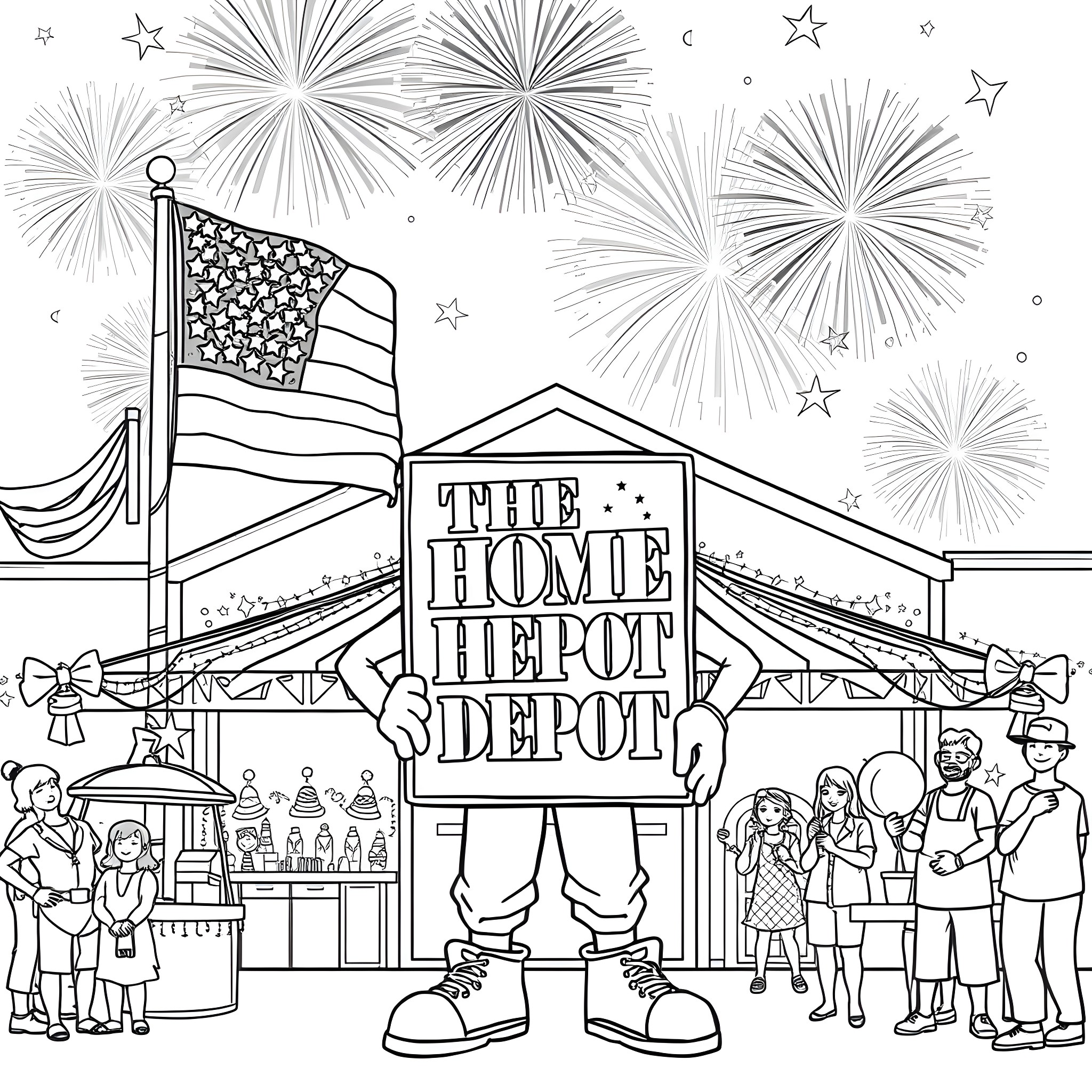 Home Depot Mascot celebrates Fourth of July with customers Coloring Page (free black-and-white line drawing printable PDF for all, from beginners to advanced learners, including children, teens, adults, and seniors)