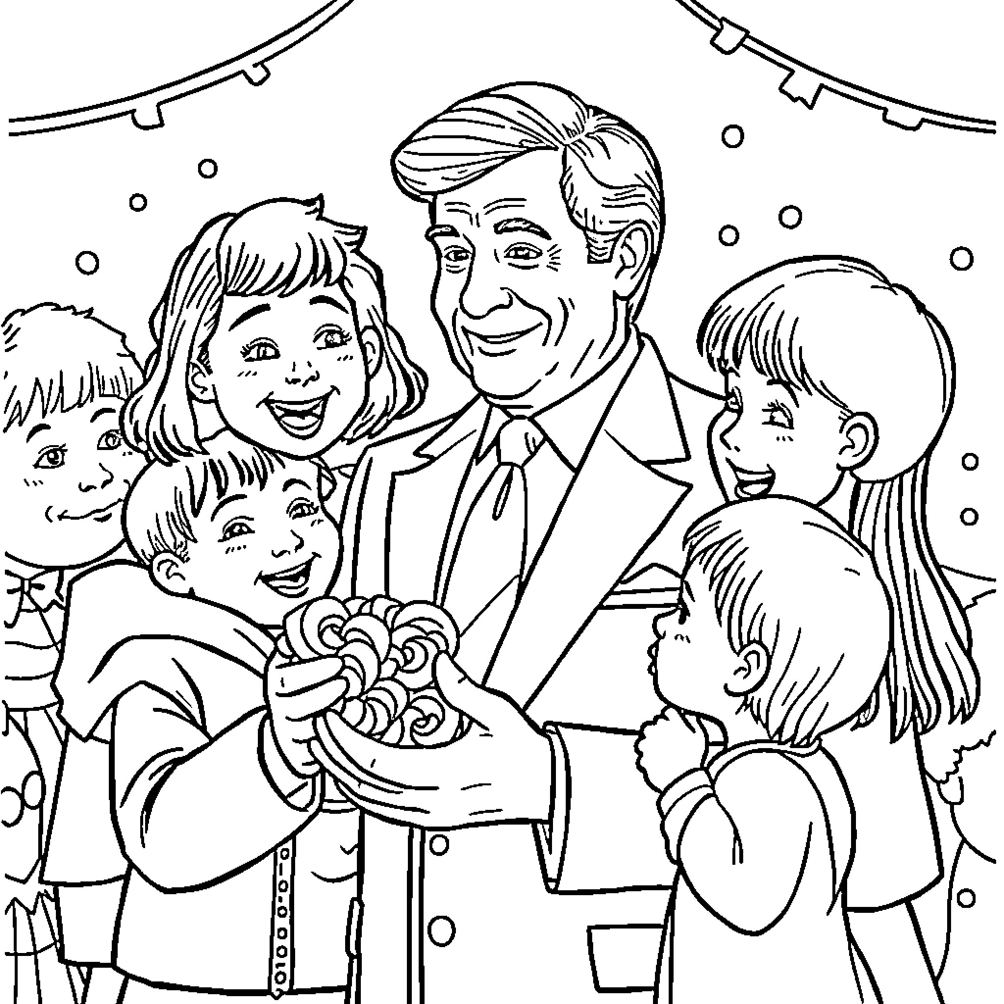 Candy family celebration with smiles and joy Coloring Page (free black-and-white line drawing printable PDF for all, from beginners to advanced learners, including children, teens, adults, and seniors)