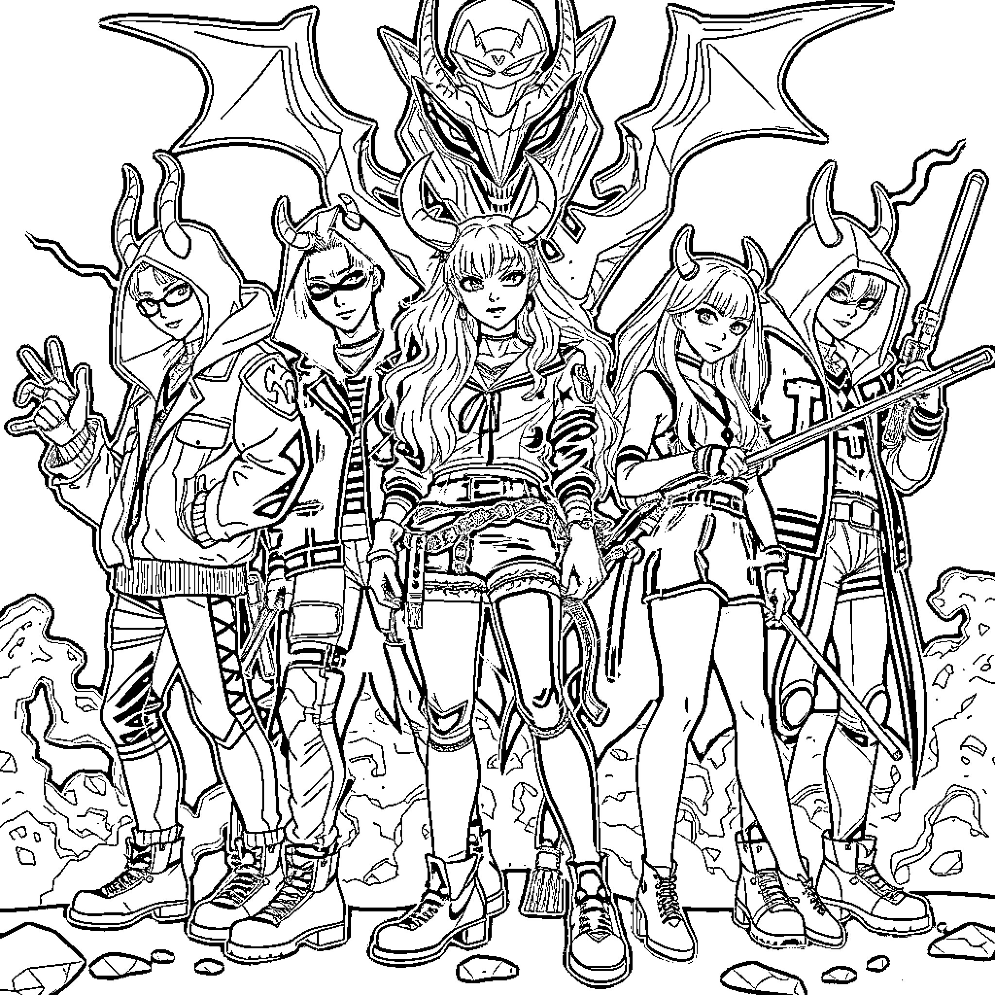 Demon Hunter Squad Unleashing Heroic Might Coloring Page (free black-and-white line drawing printable PDF for all, from beginners to advanced learners, including children, teens, adults, and seniors)