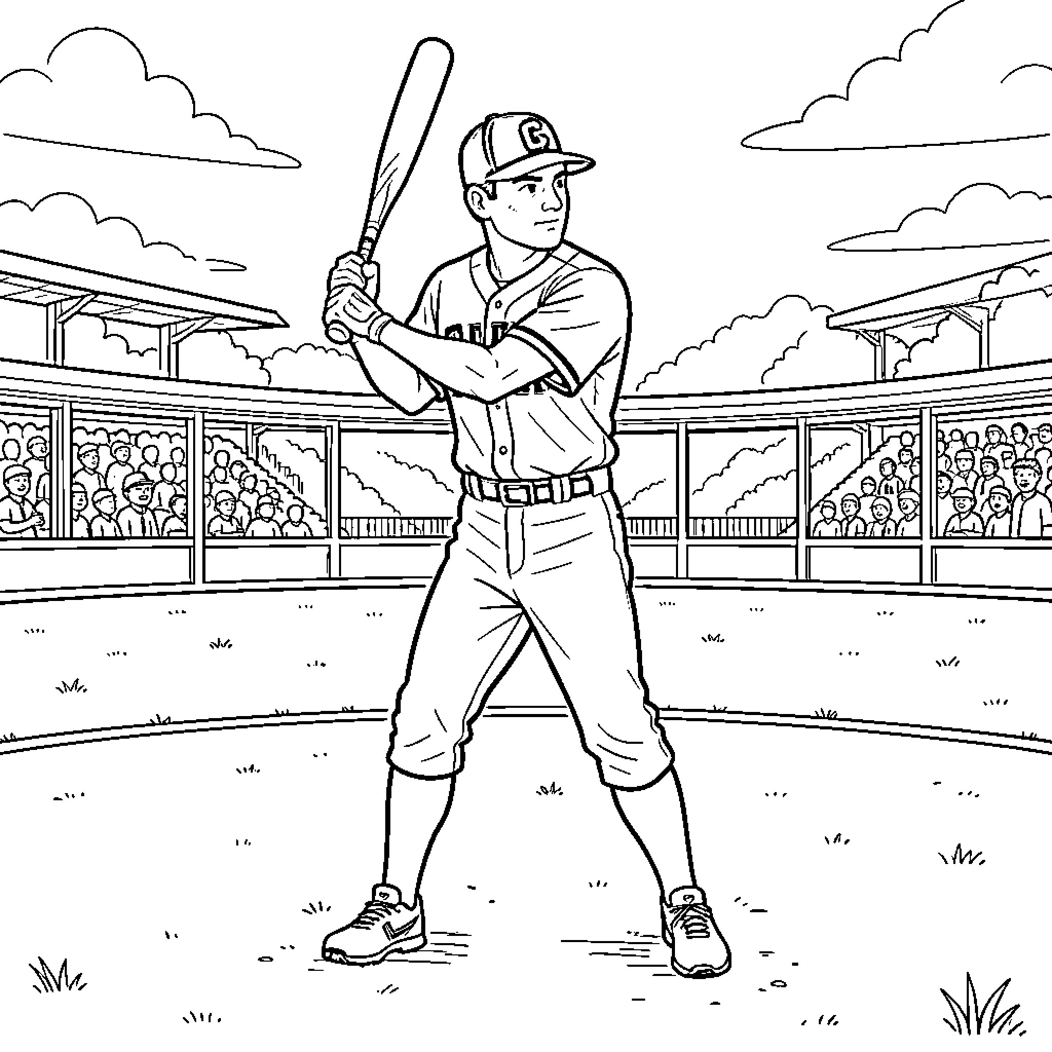 Miguel Cabrera holding a baseball bat in a stadium Coloring Page (free black-and-white line drawing printable PDF for all, from beginners to advanced learners, including children, teens, adults, and seniors)