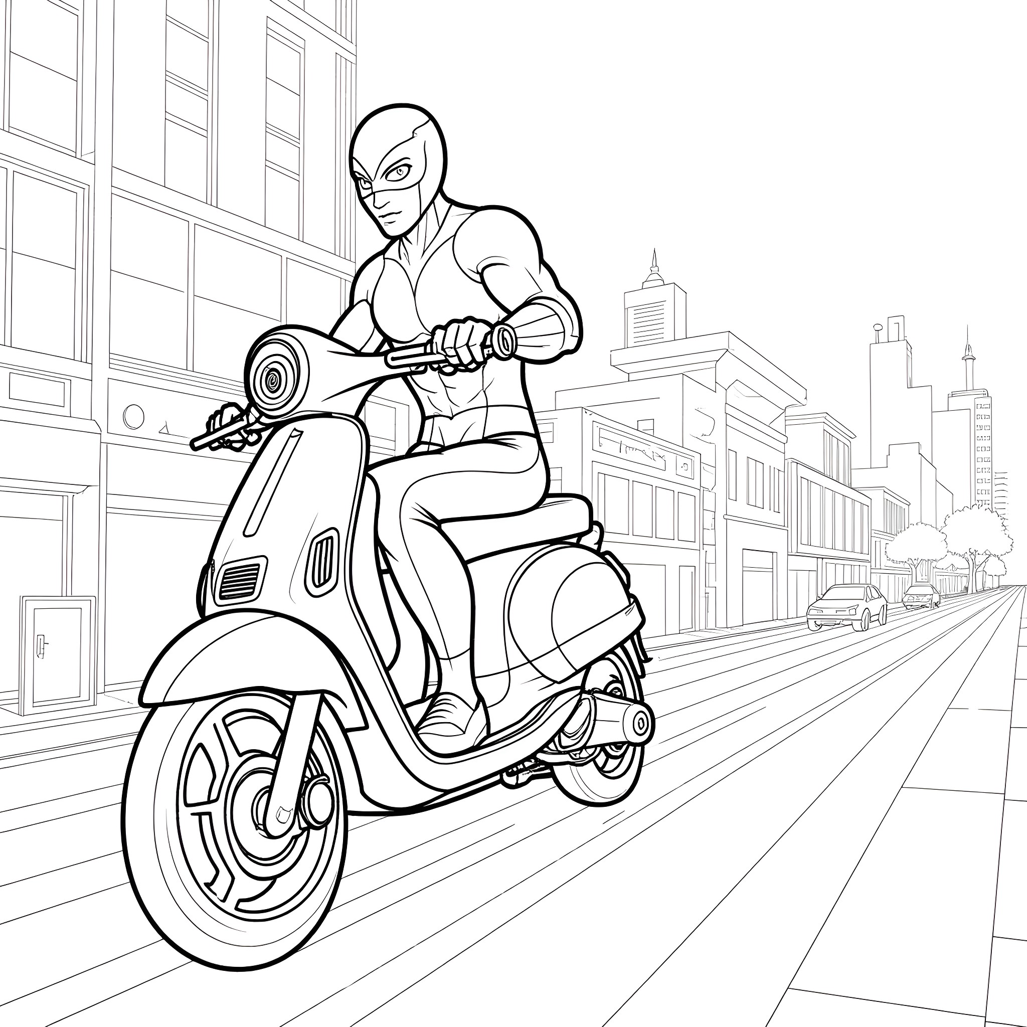 Nightwing riding scooter through the city streets Coloring Page (free black-and-white line drawing printable PDF for all, from beginners to advanced learners, including children, teens, adults, and seniors)