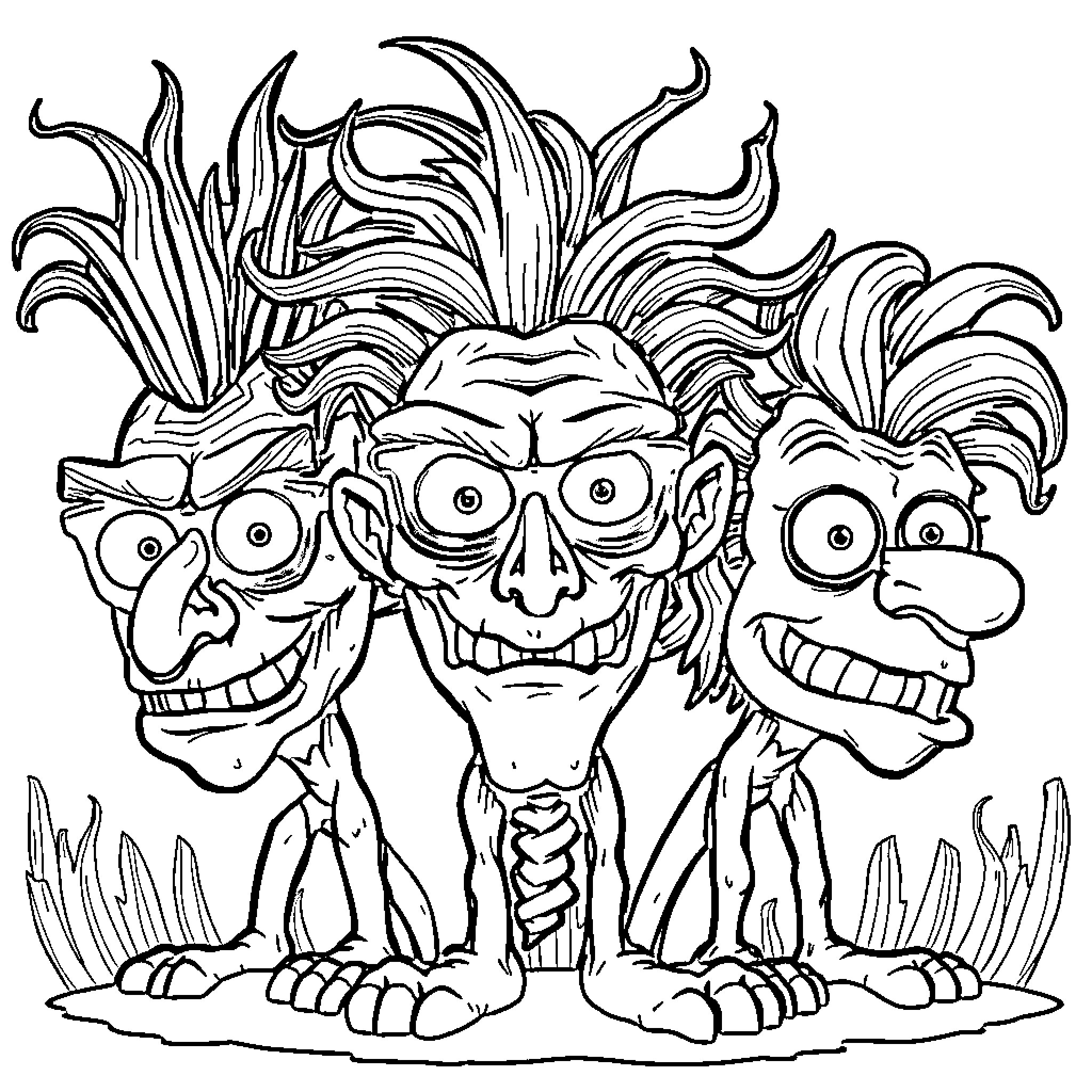 Brainrot: Mischievous Trolls with Wacky Hairstyles Coloring Page (free black-and-white line drawing printable PDF for all, from beginners to advanced learners, including children, teens, adults, and seniors)