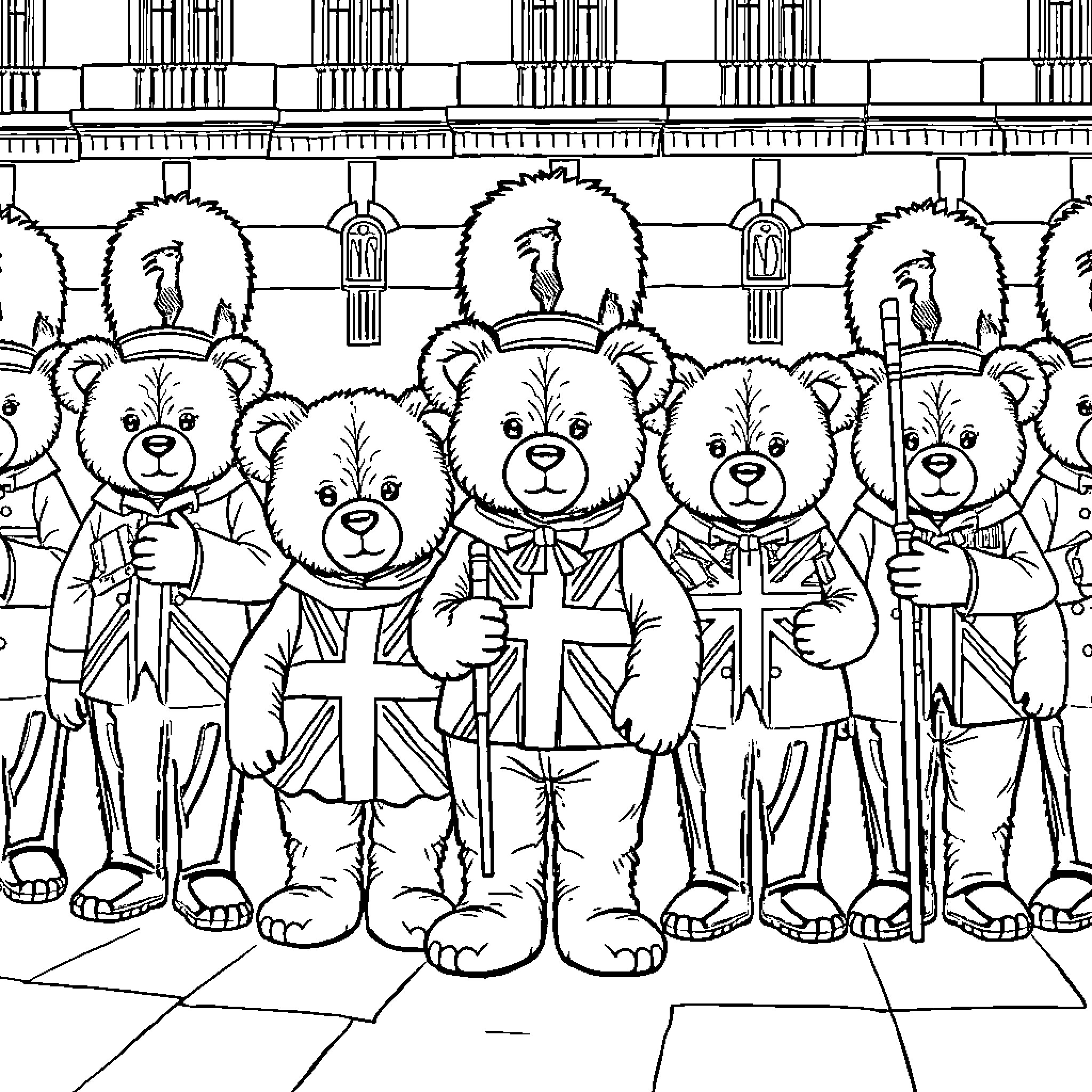 Teddy Bears Carrying Religious Symbols in Formal Attire Coloring Page (free black-and-white line drawing printable PDF for all, from beginners to advanced learners, including children, teens, adults, and seniors)