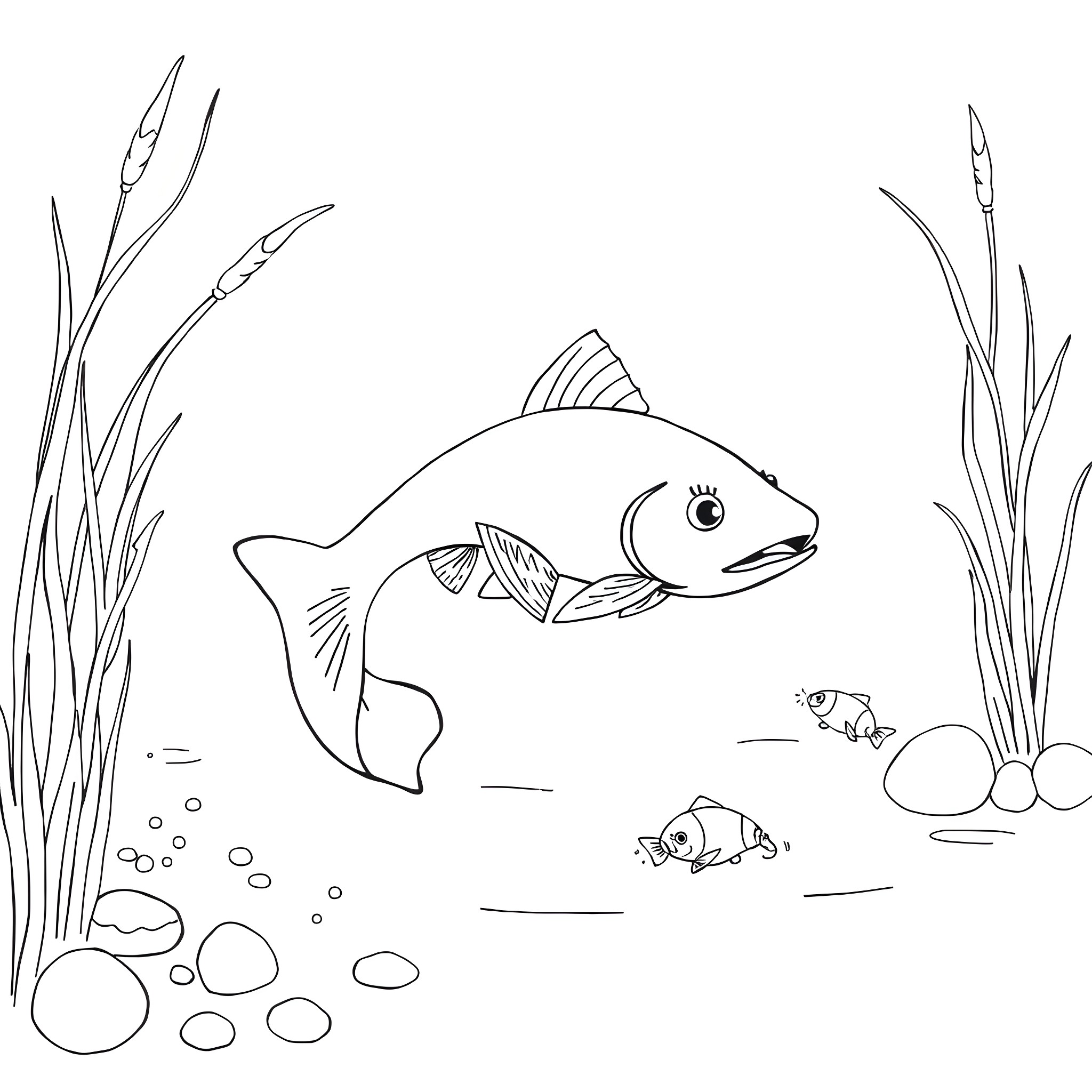 Catfish swimming in the underwater scenery Coloring Page (free black-and-white line drawing printable PDF for all, from beginners to advanced learners, including children, teens, adults, and seniors)