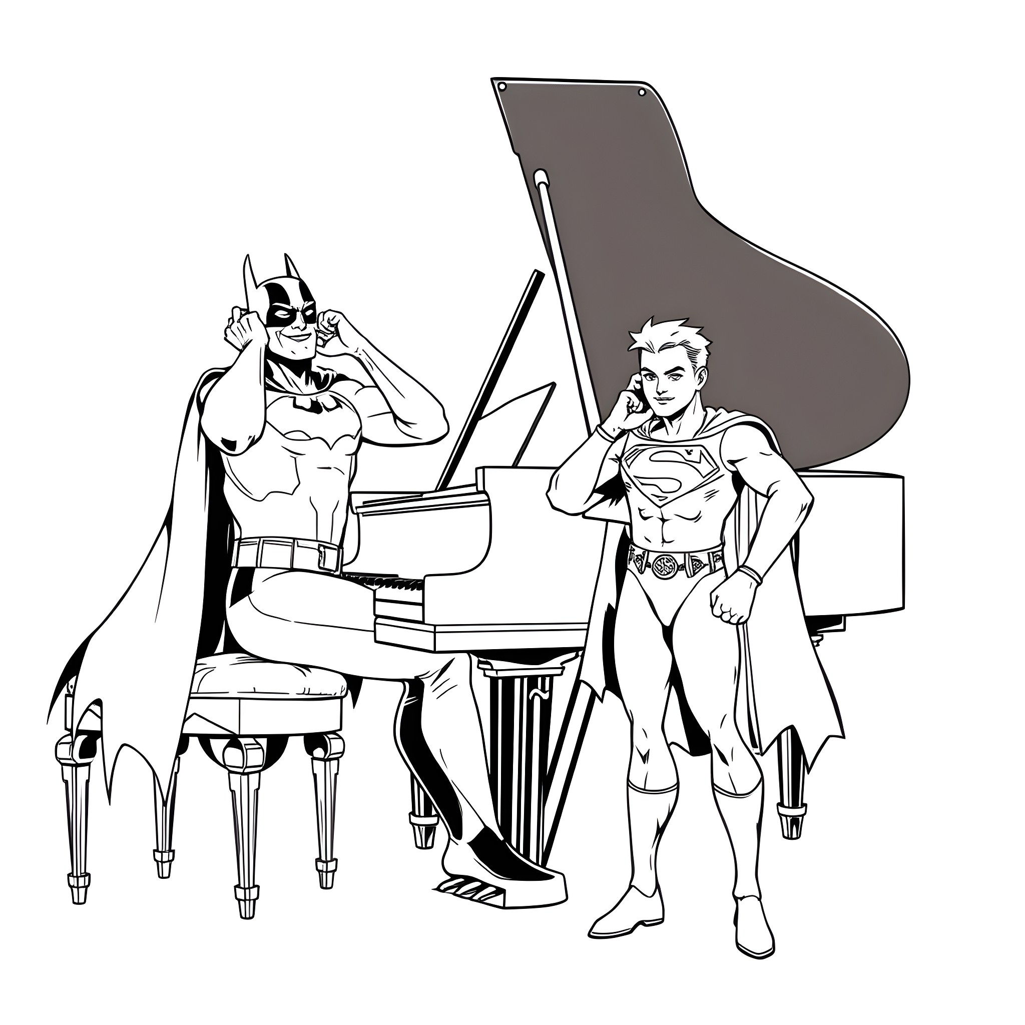 Batman and Superman composing music together Coloring Page (free black-and-white line drawing printable PDF for all, from beginners to advanced learners, including children, teens, adults, and seniors)