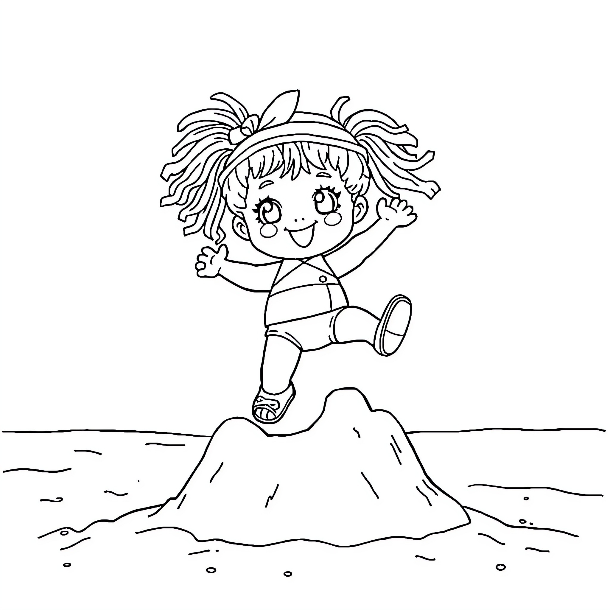 Labubu playing happily on a sandy hill Coloring Page (free black-and-white line drawing printable PDF for all, from beginners to advanced learners, including children, teens, adults, and seniors)