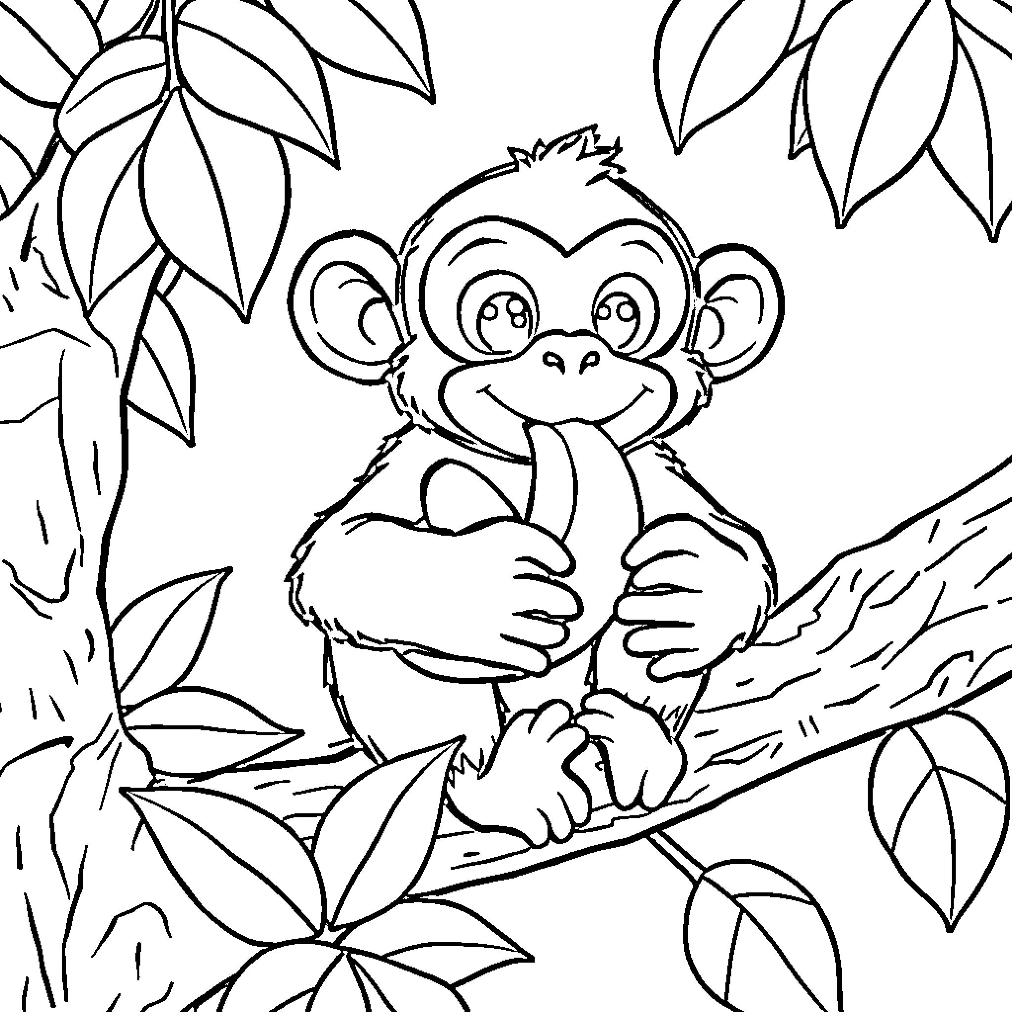 Monkey sitting happily in the jungle Coloring Page (free black-and-white line drawing printable PDF for all, from beginners to advanced learners, including children, teens, adults, and seniors)