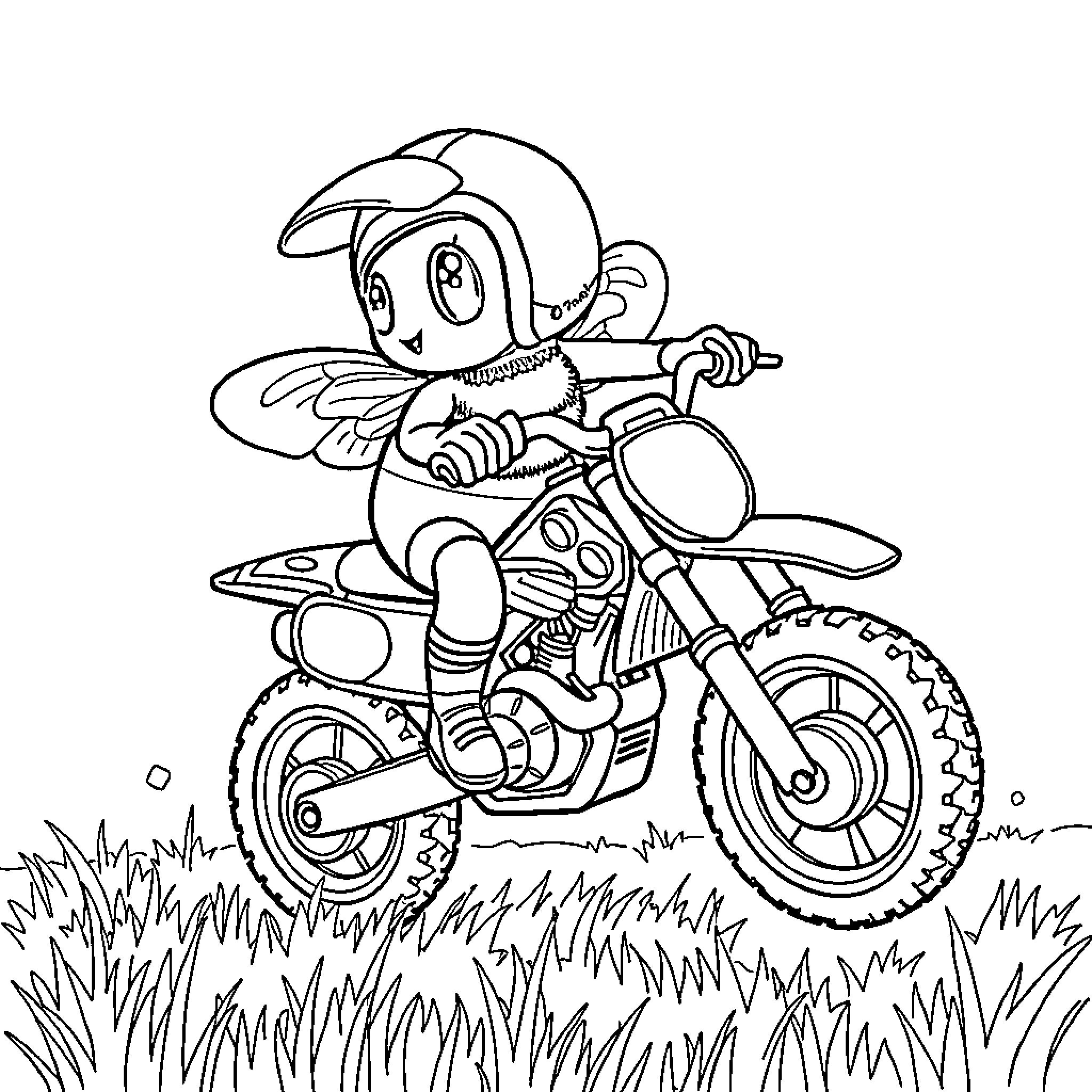 Bee riding an off-road motorcycle in the grass Coloring Page (free black-and-white line drawing printable PDF for all, from beginners to advanced learners, including children, teens, adults, and seniors)