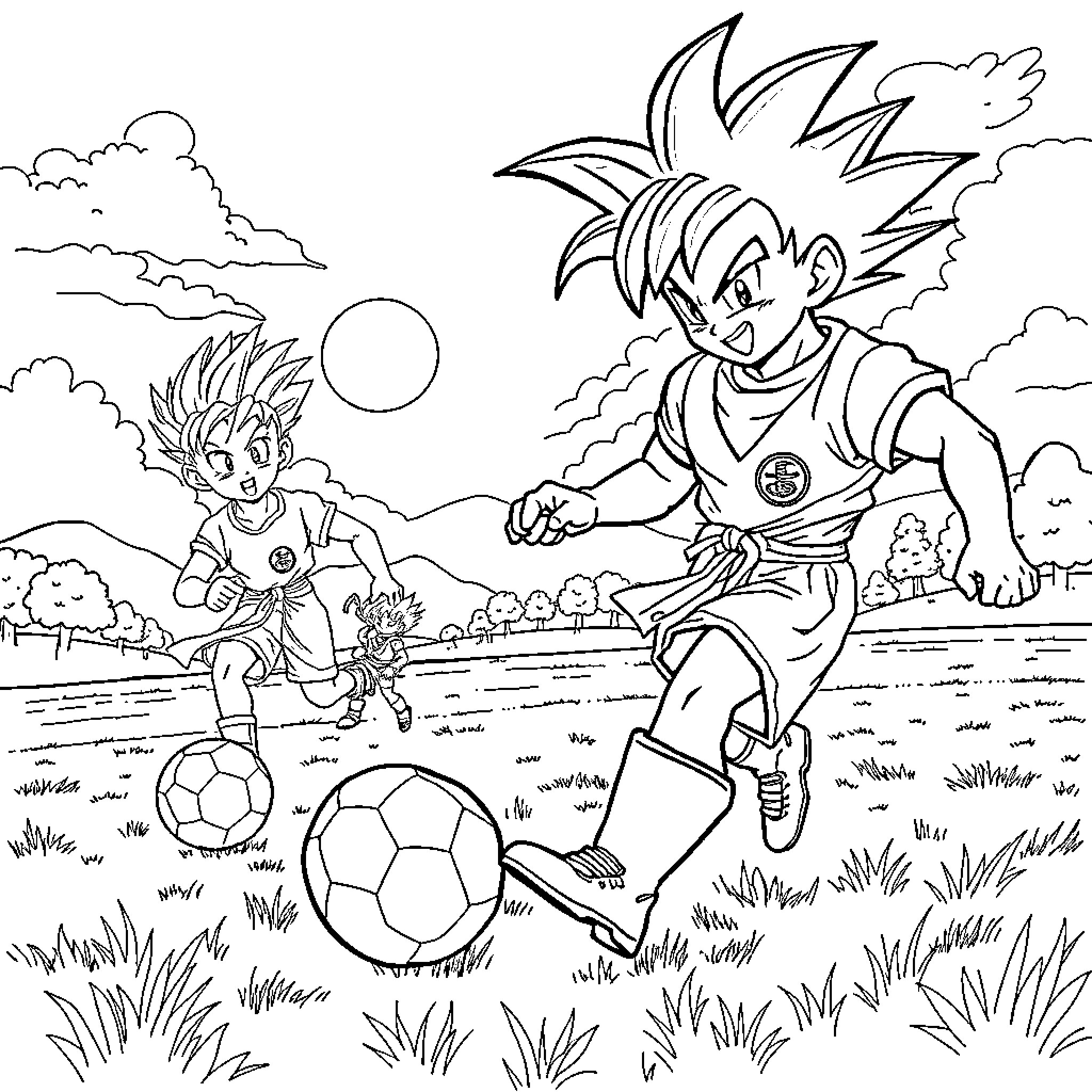 Dragon Ball Z characters playing soccer in a field Coloring Page (free black-and-white line drawing printable PDF for all, from beginners to advanced learners, including children, teens, adults, and seniors)